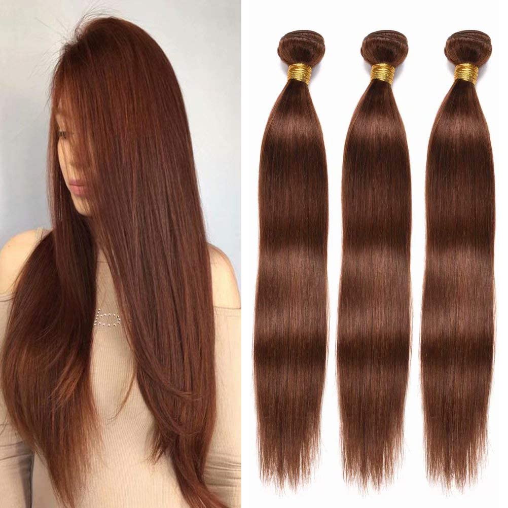 FEEL ME 100% Unprocessed Brazilian Virgin Human Hair Weave - 3 Bundles 18 18 18 Inch Silky Straight Hair Extensions (Light Brown, 300g) for Natural Look, Styling & Daily Wear