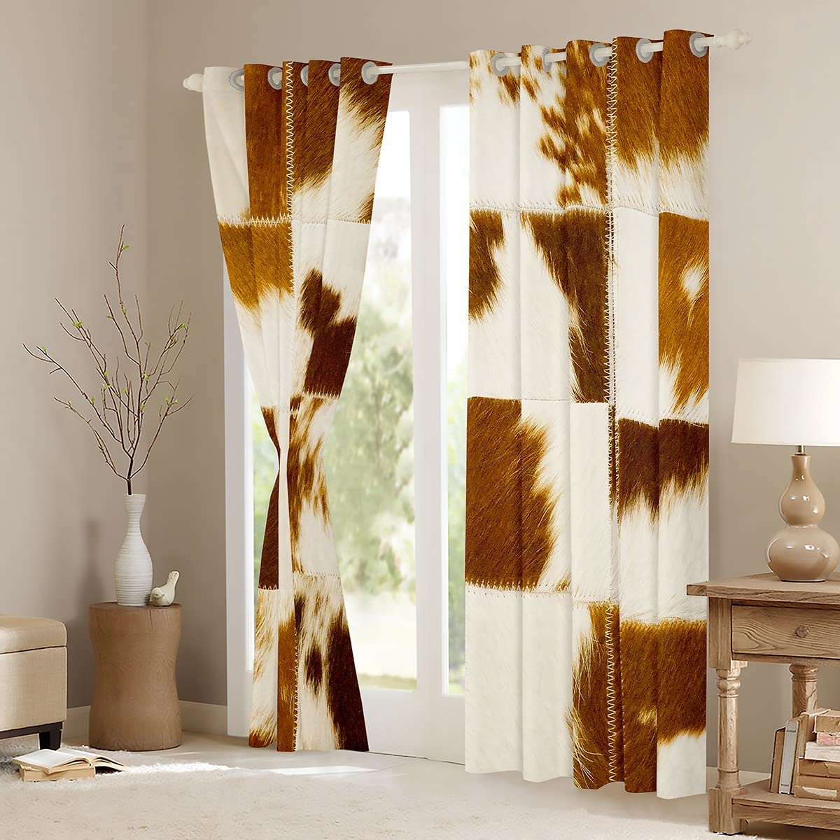 Brown Cow Print Window Curtains 2 Panels 38x45 Inches - Western Cowhide Patchwork Drapes for Farmhouse, Rustic Bedroom & Kids Room Decor | Farm Animal Themed Window Treatments for Boys, Girls & Adults | Perfect for Country Style Homes, Ranch Decor & Western Themed Nurseries