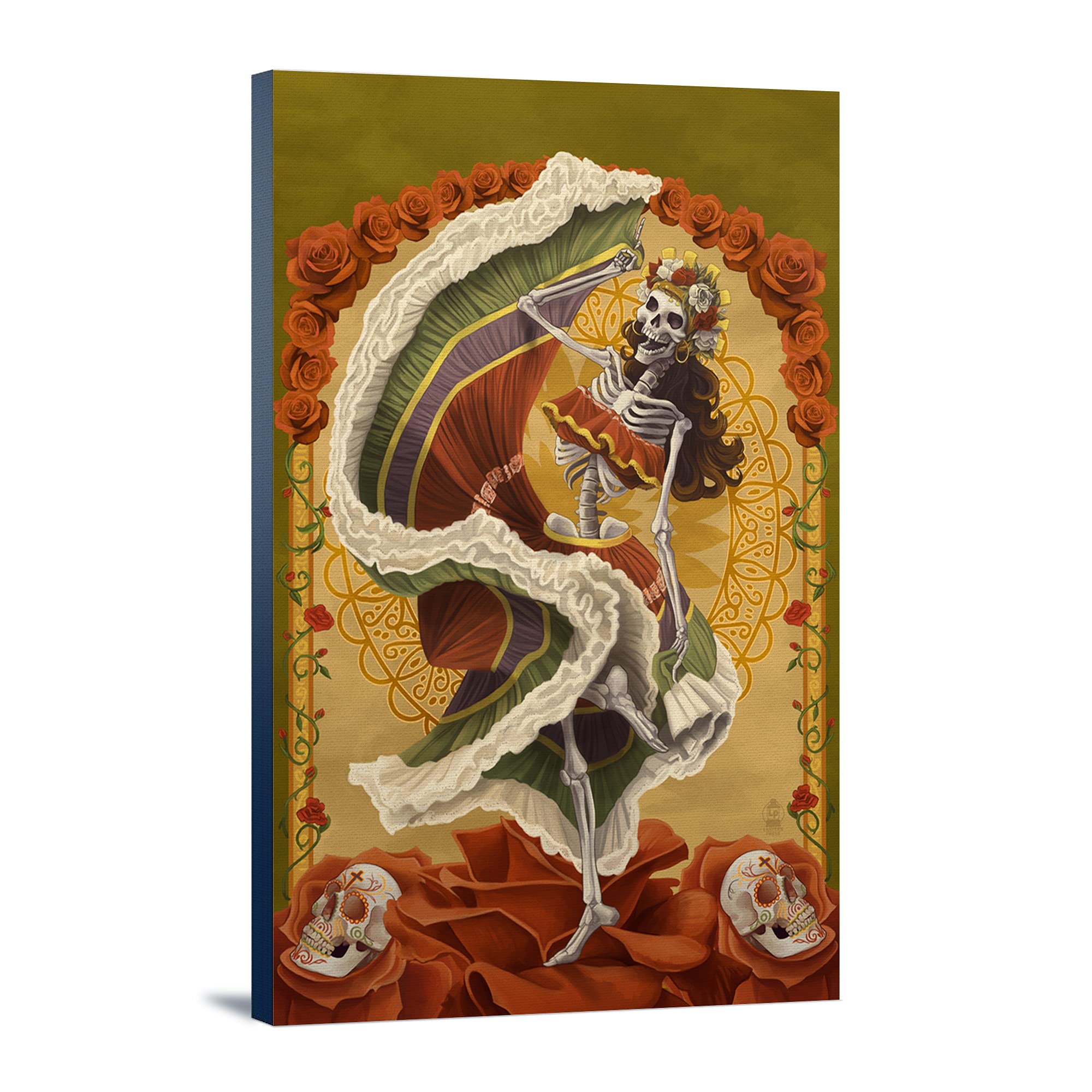 Day of the Dead Skeleton Dancing Wall Art - 24x36 Inch Gallery Wrapped Canvas Painting - Mexican Folk Art Decor for Halloween, Dia de los Muertos, Home & Office Decor