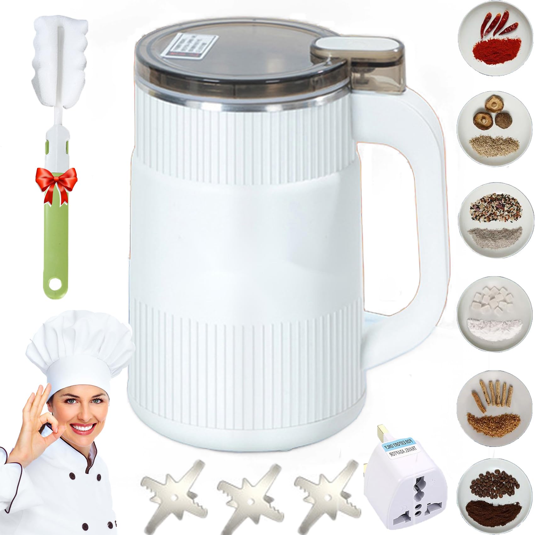 Premium Electric Spice Grinder - Stainless Steel Multifunctional Powder Machine for Coffee Beans, Grains & Condiments | Fine Grinding with 3 Blades (White) | Perfect for Home Kitchens, Coffee Shops & Baking Enthusiasts