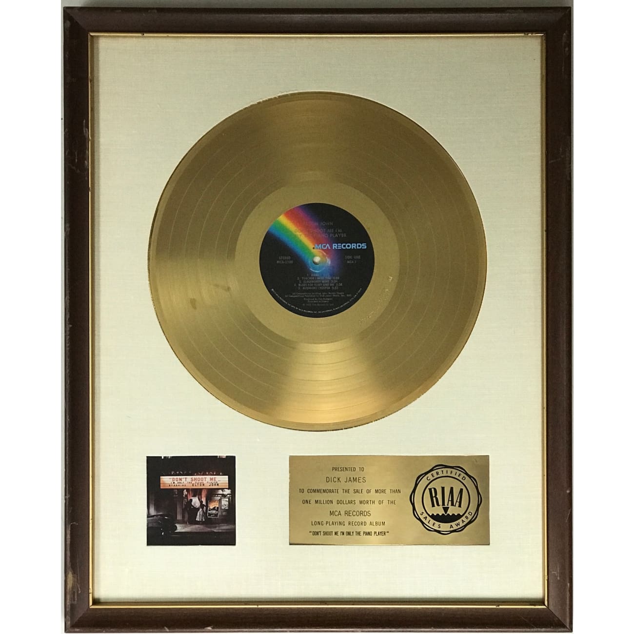 Elton John Don't Shoot Me I'm Only The Piano Player White Matte RIAA Gold Album Award - Rare Collectible Vinyl Record for Music Lovers & Vintage Decor - Perfect for Home Display, Gift for Fans, and Music Room Decor