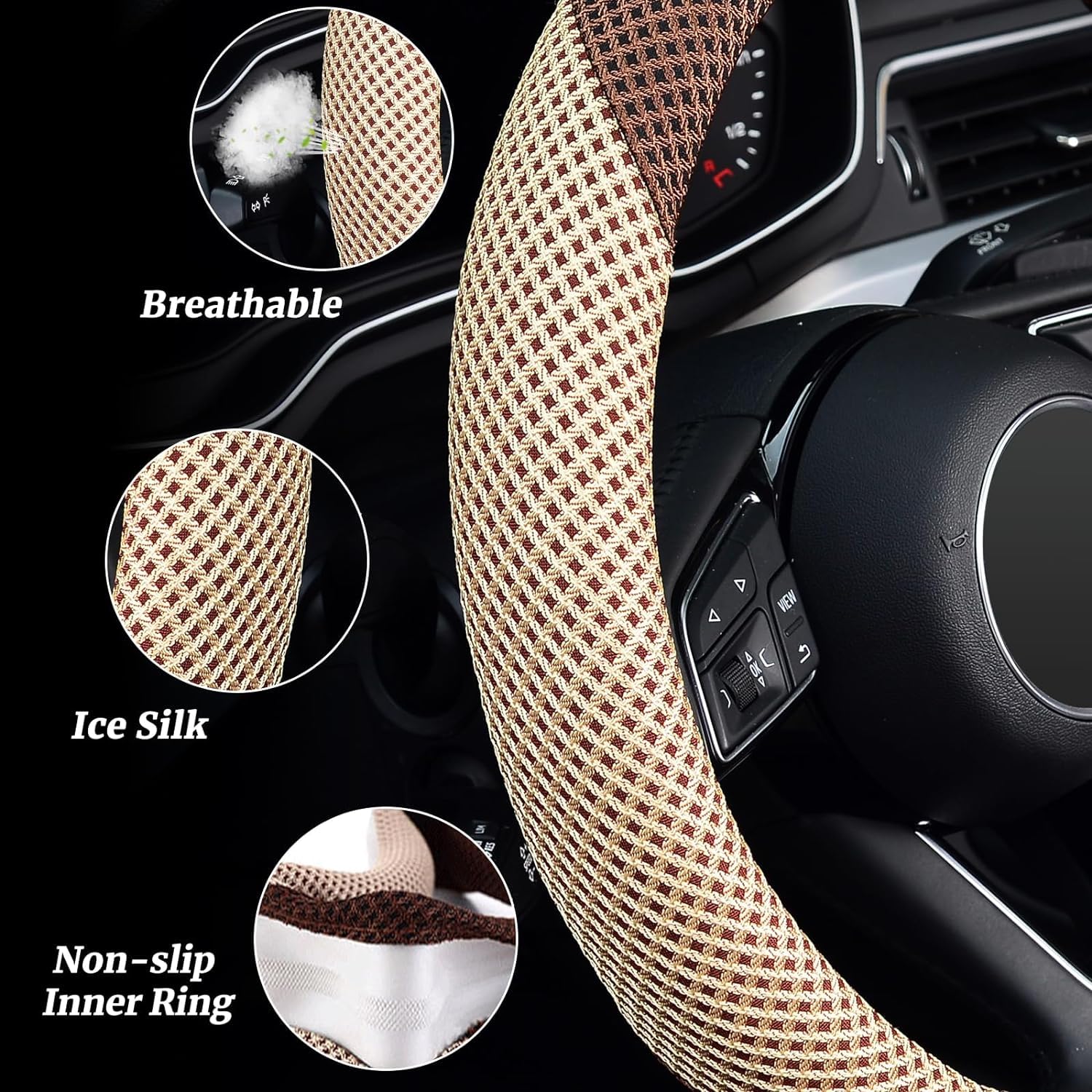 Universal 15 Inch Microfiber Steering Wheel Cover - Breathable Ice Silk Anti-Slip Car Accessory for Men & Women | Warm in Winter & Cool in Summer | Beige & Brown | Perfect for Daily Commute, Road Trips & All-Season Driving Comfort