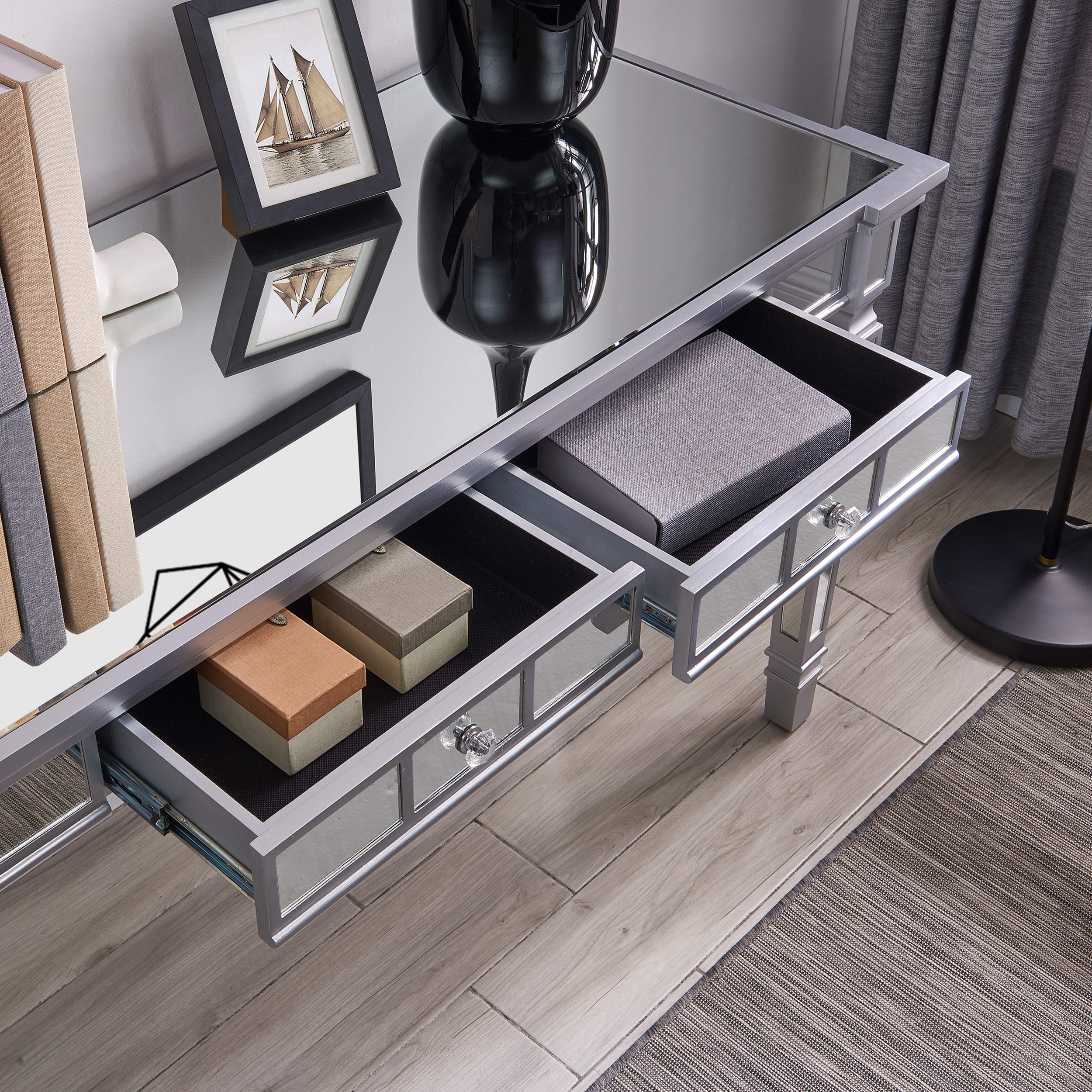 SEI Furniture Glenview Glam Mirrored Writing Desk with Drawers - Matte Silver Finish | Elegant Vanity Desk for Bedroom, Home Office & Dressing Room