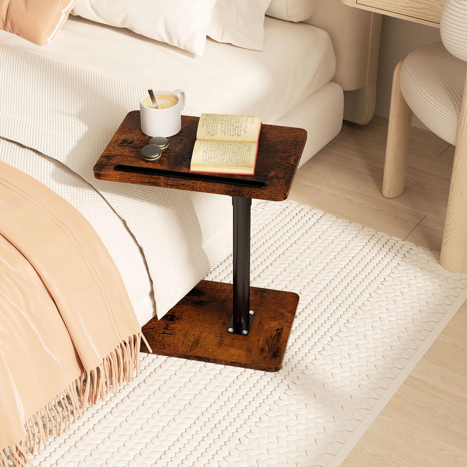 360° Swivel Adjustable Couch Armrest Tray Table - Multi-Functional Side Table with Phone & Tablet Holder for Sofa, Bed, or Chair - Perfect for Small Spaces, Snack Time, and Relaxing (Rustic Finish)
