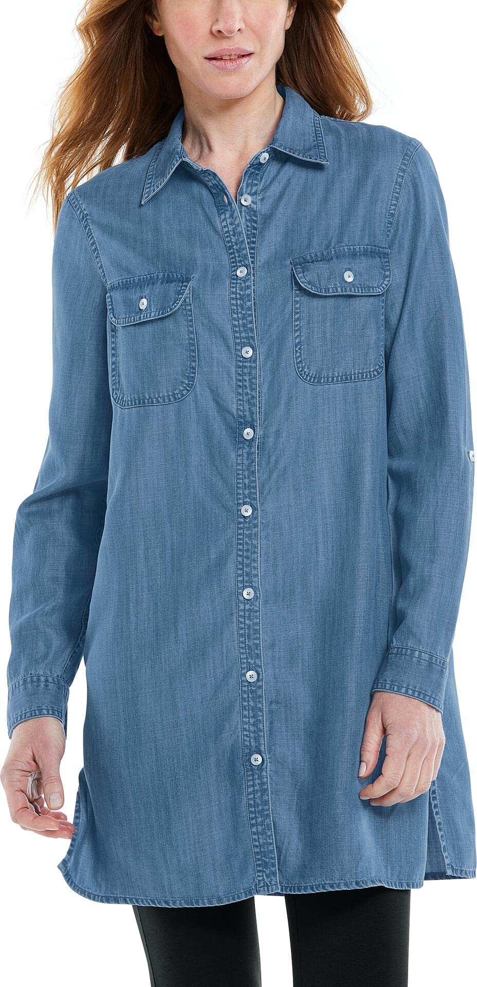 Coolibar UPF 50+ Women's Sun Protective Chambray Tunic Top - Lightweight Summer Beach Cover Up for Outdoor Activities, Travel & Casual Wear