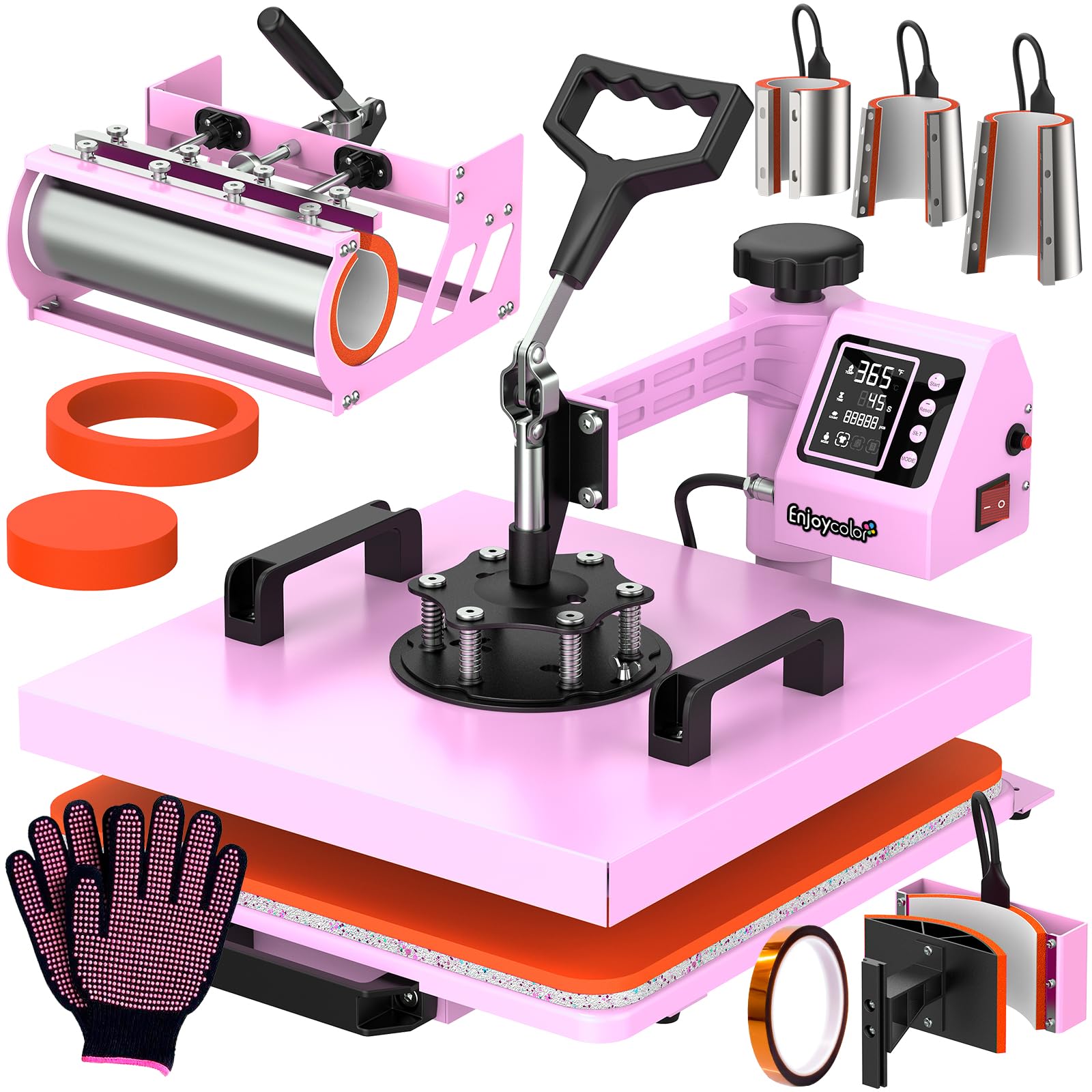 Professional 15x15 Heat Press Machine with 30oz Tumbler Attachment - 8-in-1 Combo for T-Shirts, Tumblers, Glass, Cans, Mugs, Hats & Plates - Perfect for DIY Crafts, Custom Apparel & Personalized Gifts (Pink)