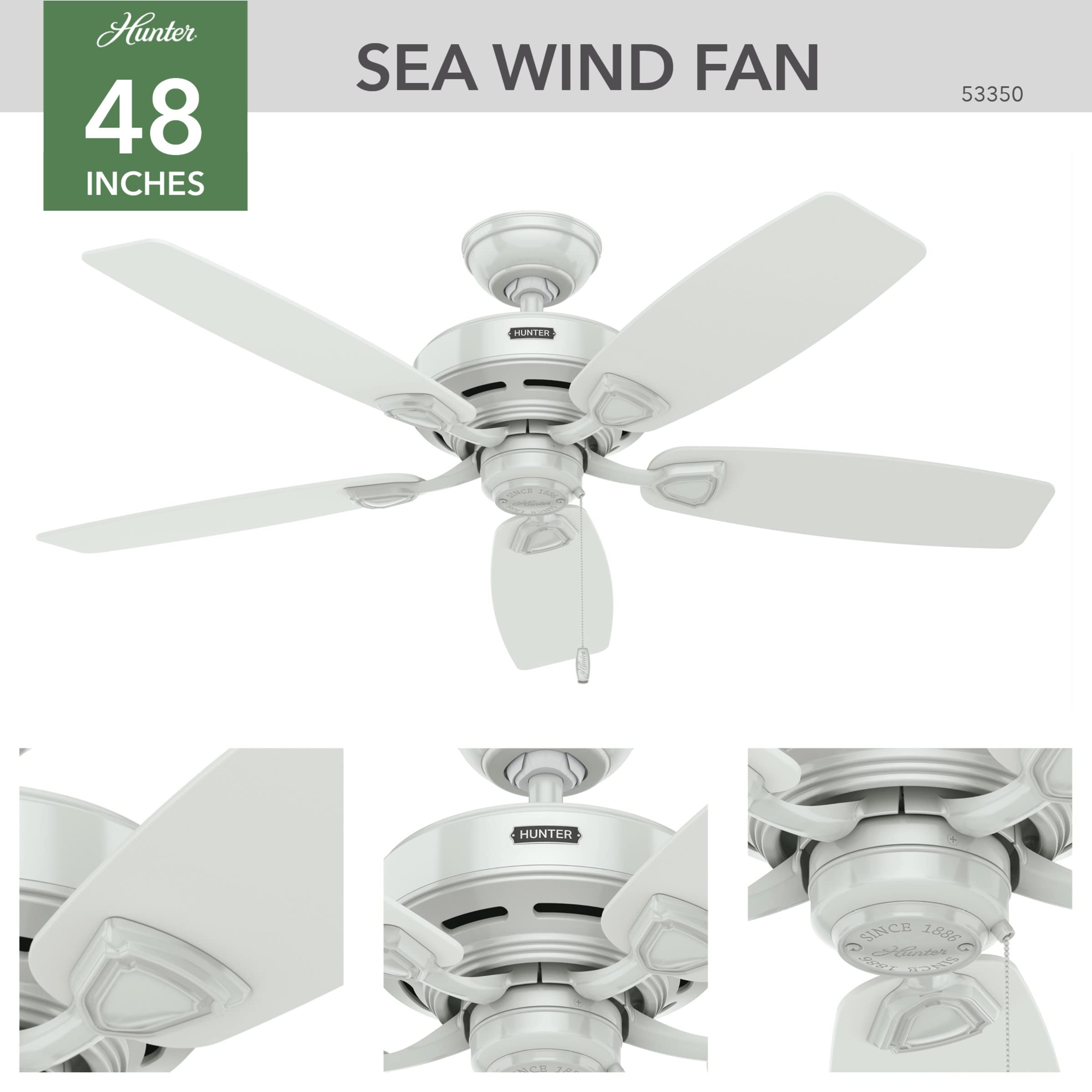 Hunter Fan Company 53350 48-Inch Sea Wind White Indoor/Outdoor Ceiling Fan with Pull Chain - Perfect for Patio, Porch, Living Room & Bedroom Cooling