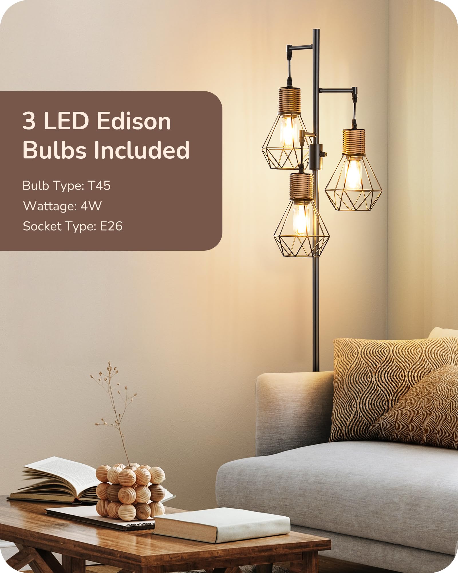 Dimmable Industrial Floor Lamp with 3 LED Edison Bulbs - Farmhouse Standing Light for Living Room, Bedroom & Office - Rustic Rattan Reading Lamp with Diamond Cage Design (Black) | Perfect for Cozy Reading Nooks, Home Office Lighting & Farmhouse Decor