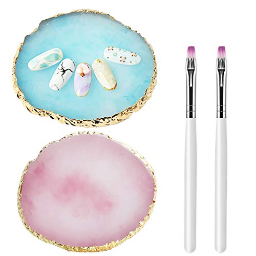 DKAF 2-Piece Gold Rim Nail Art Palette Set with 2 Nail Brushes - Professional Nail Polish Mixing Tray for Color Blending & Nail Design - Perfect for Salon, Home Manicure & DIY Nail Art (Blue & Pink)