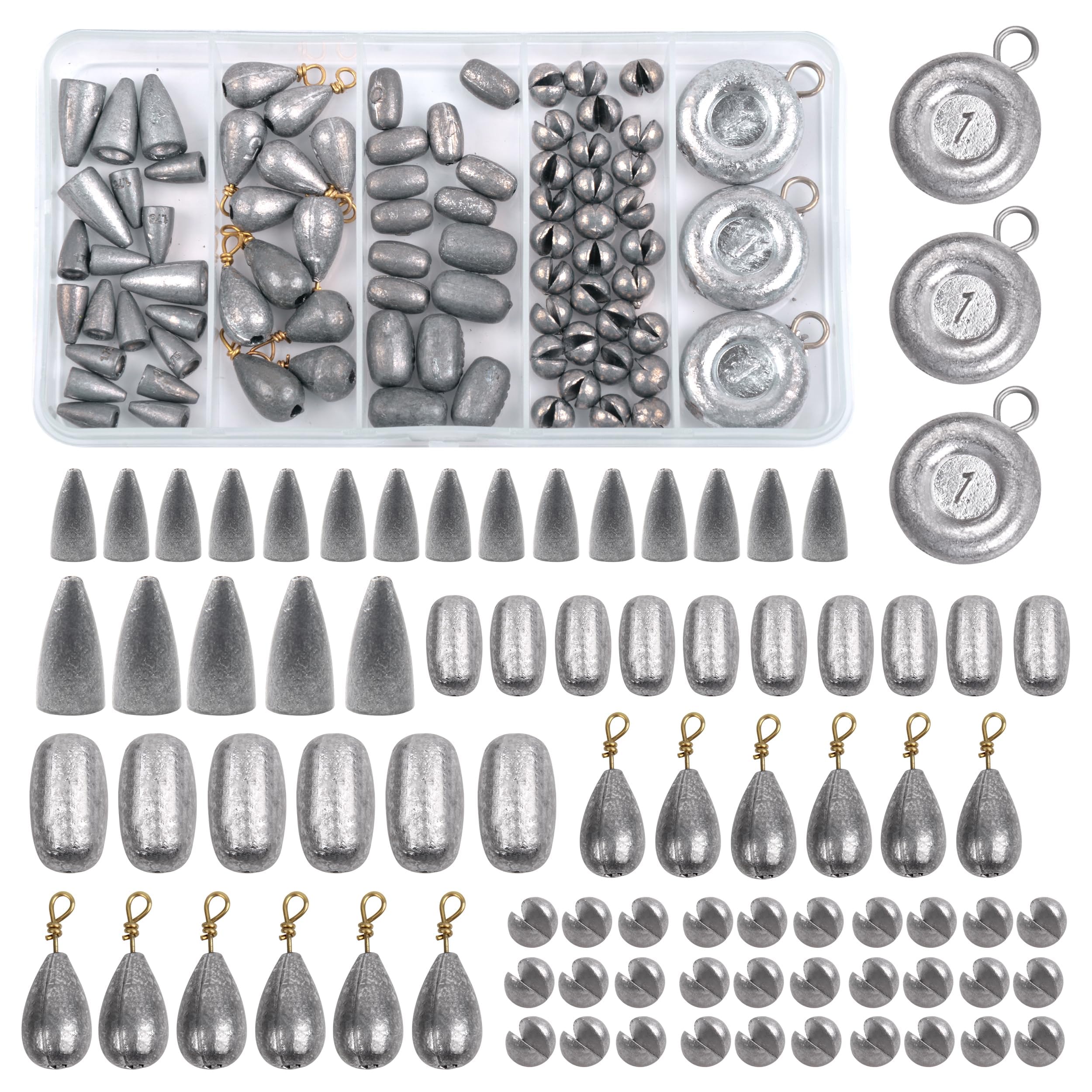 81Pcs Fishing Weight Sinkers Kit - Assorted Drop Shot, Split Shot & Coin Weights for Saltwater Bass Casting | Durable Tackle Box Included | Perfect for Freshwater & Saltwater Fishing, Kayak Fishing & Shore Casting