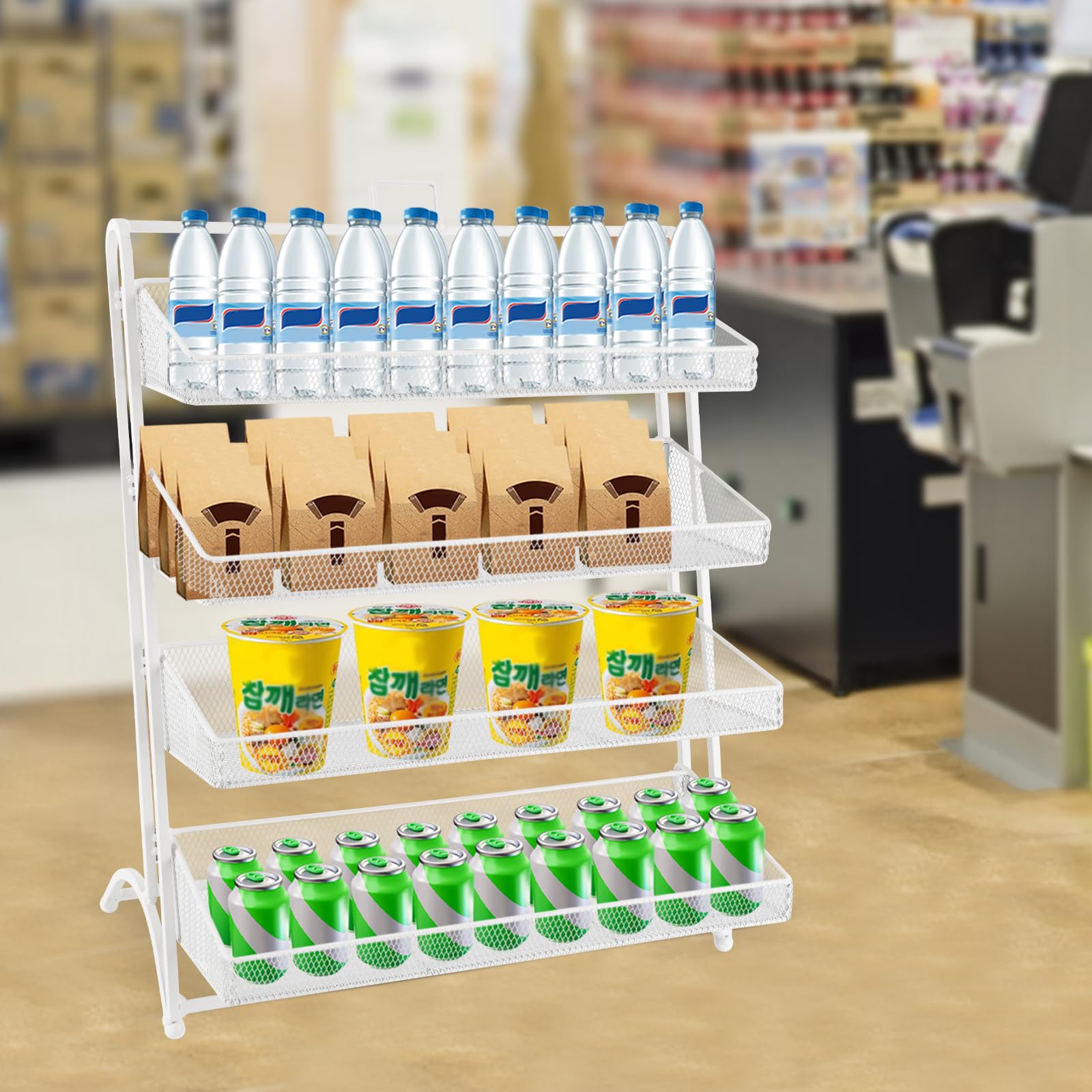 4 Tier Candy Display Shelf - Countertop Snack Organizer Rack for Home & Retail, Durable Iron Chip Display Stand with Fender (White) - Perfect for Candy Stores, Supermarkets, and Party Snack Displays