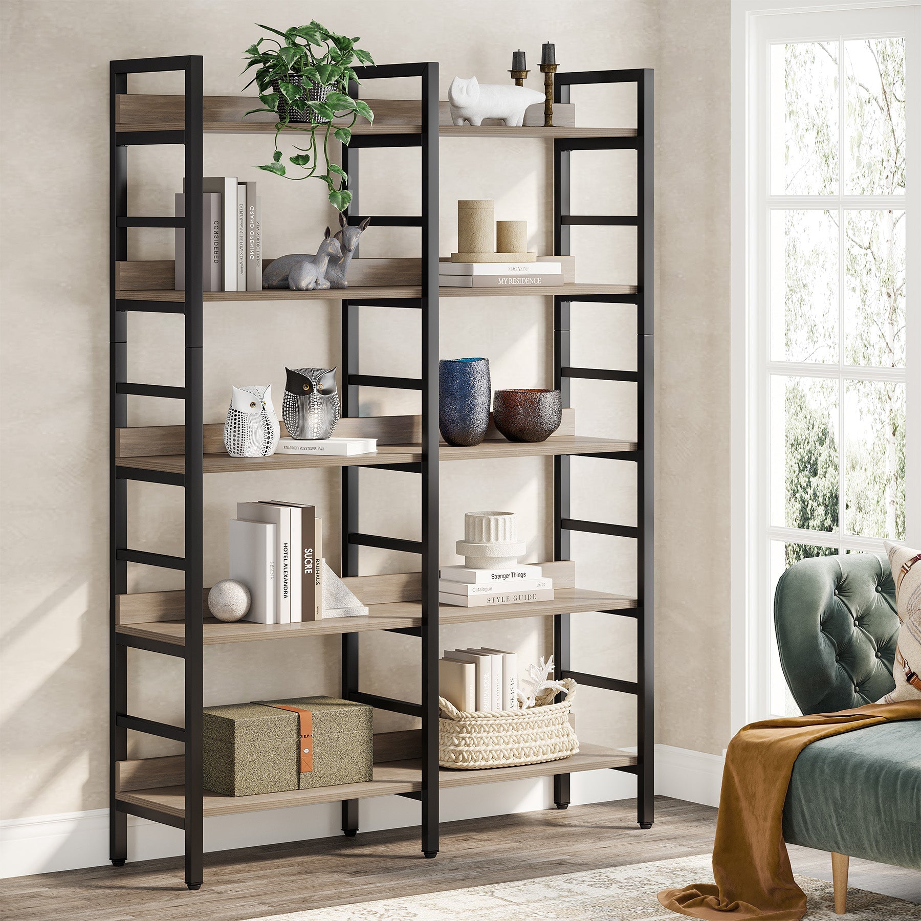5 Tier Bookshelf - Double Wide Bookcase Storage Shelves Unit for Home Office, Living Room & Bedroom Organization | Sturdy & Spacious Book Display Shelf