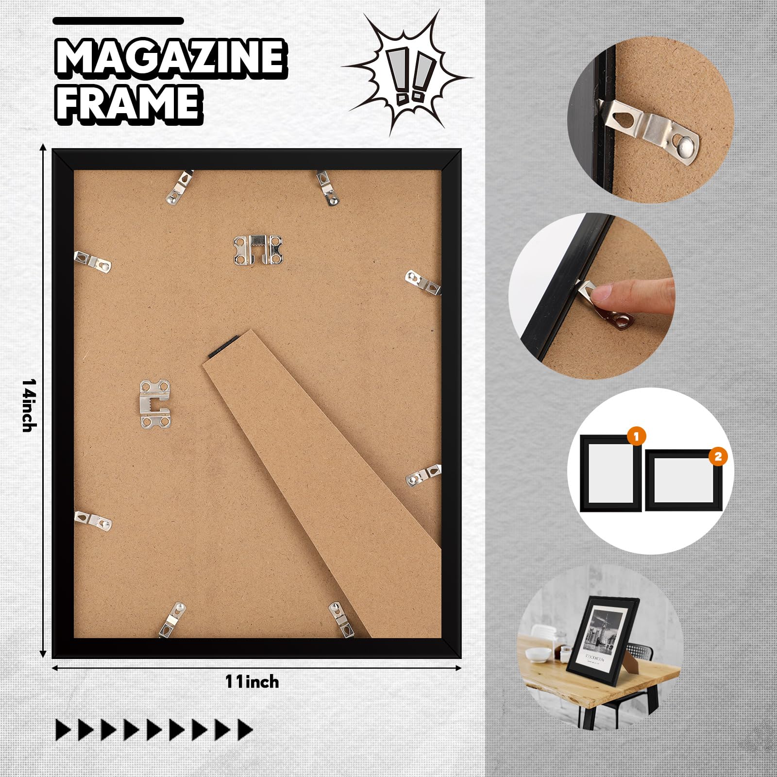 Geetery 8-Piece Plastic Wall Magazine Frames Set - Fits 8.5x11.25 Inch Magazines - Includes Installed Hangers & Core Matting - Black Frame with Black Mat - Perfect for Home, Office & Retail Display Decor