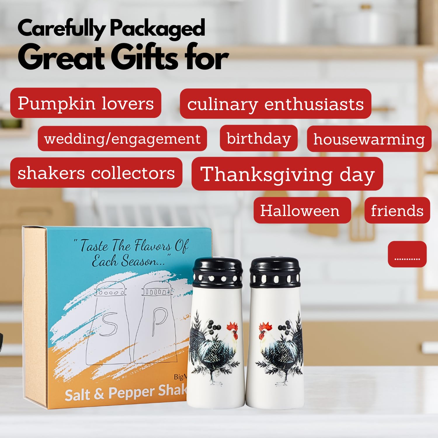 **Rooster Salt and Pepper Shakers Set - Farmhouse Kitchen Decor, Rustic Country Cockerel Seasoning Bottles for Cooking & Dining | Unique Collectible Gifts for Home, Wedding, Housewarming & Farmhouse Themed Parties**
