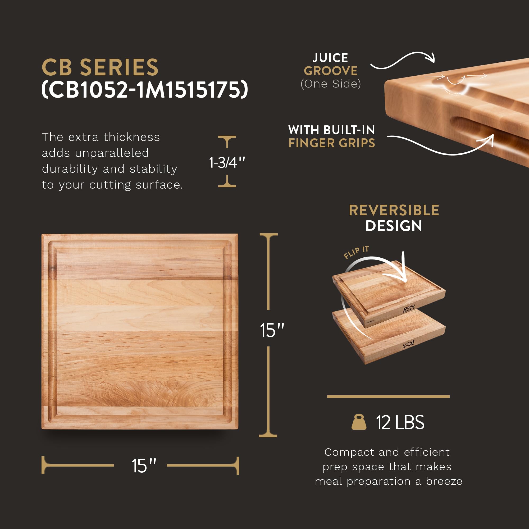 Premium John Boos CB Series Large Reversible Maple Wood Cutting Board with Juice Groove - 15