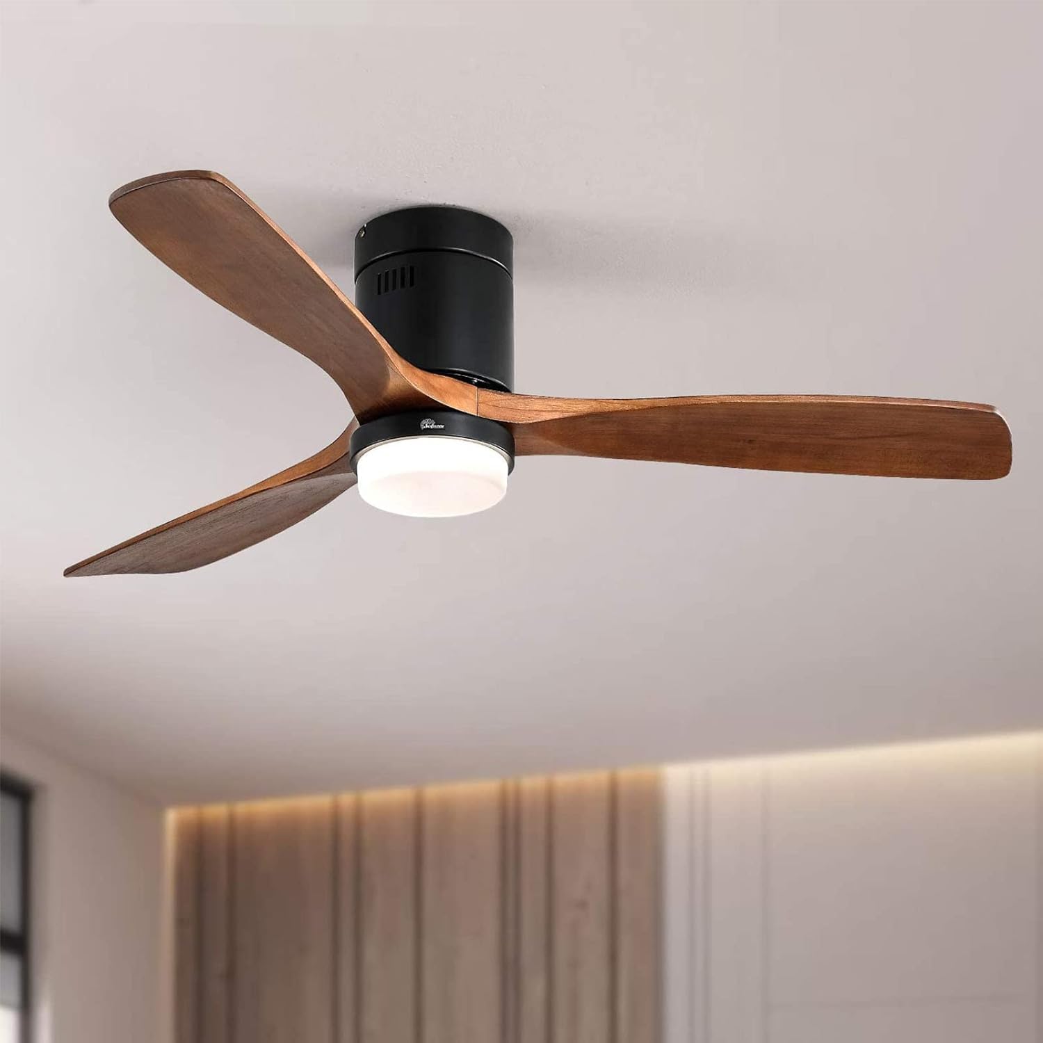 52 Inch Low Profile Ceiling Fan with Light and Remote - 6-Speed Dimmable Outdoor Ceiling Fan, 3 Walnut Wood Blades, Reversible DC Motor, Timer Function - Perfect for Patio, Bedroom, Living Room, and Covered Outdoor Spaces