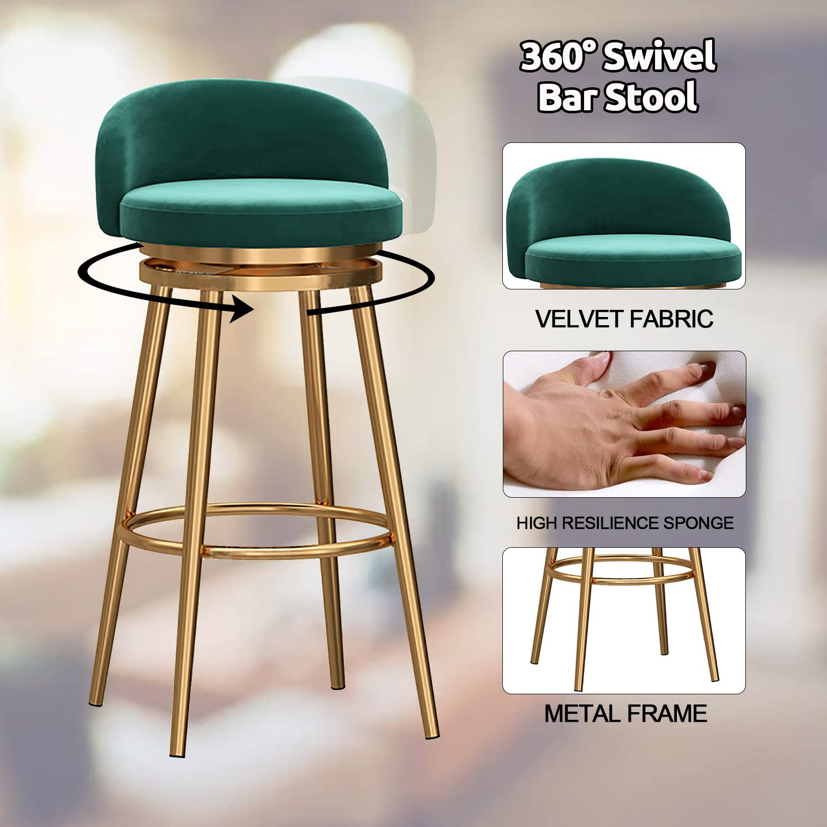 Swivel Bar Stools Set of 3 - Velvet Kitchen Island Chairs with Gold Metal Footrest, 150kg Weight Capacity - Perfect for Kitchen Counter, Breakfast Bar & Home Decor