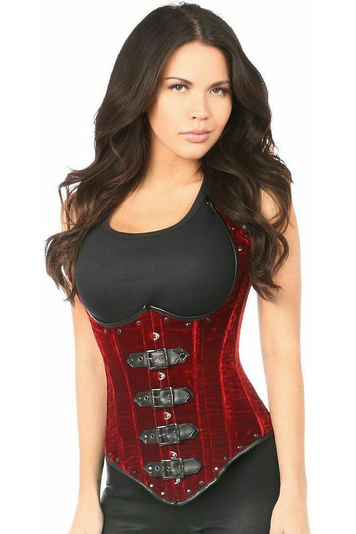 Steel Boned Red Velvet Underbust Corset for Women with Buckles - Vintage Daisy Corset for Waist Training, Burlesque, Cosplay & Gothic Fashion