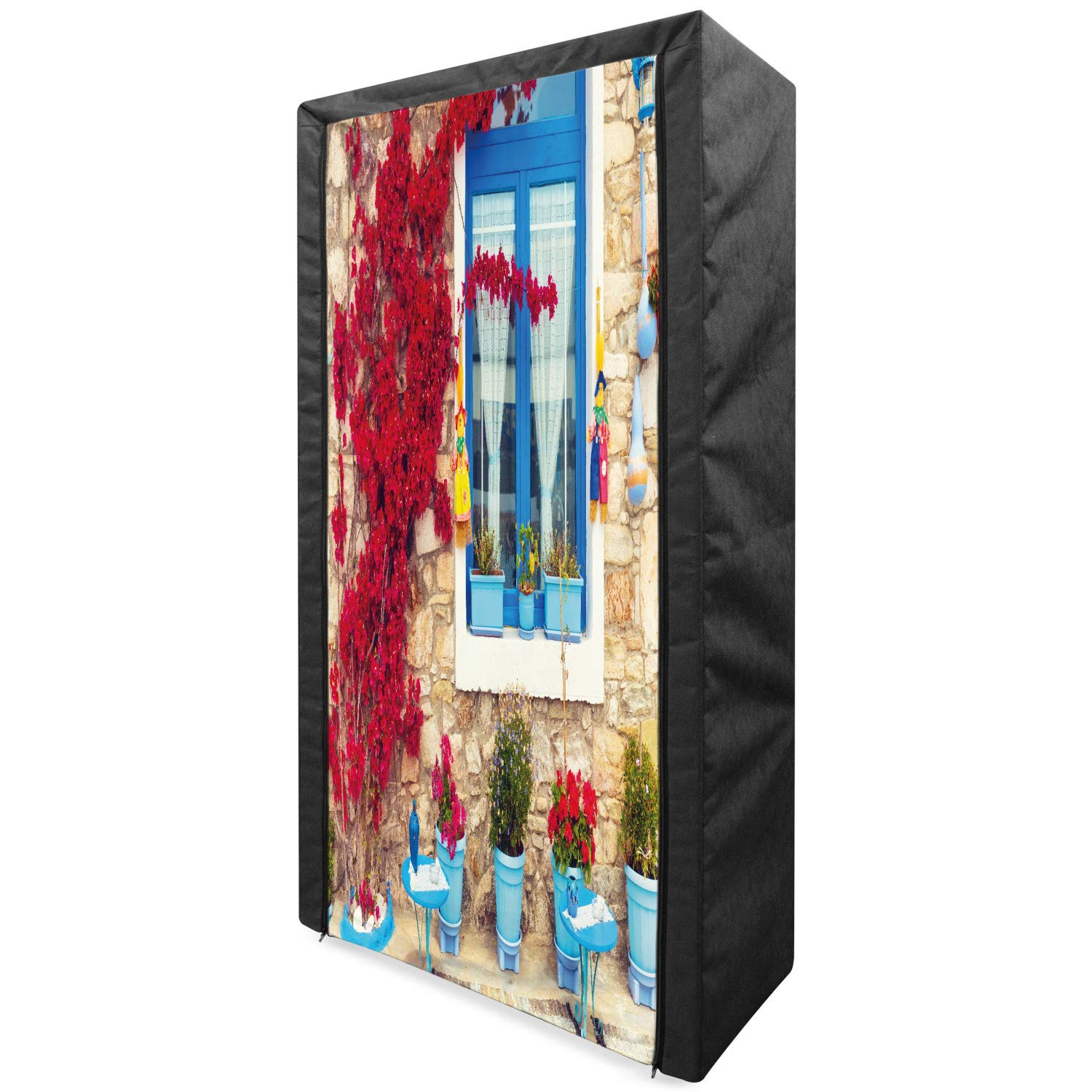 Ambesonne Coastal Portable Fabric Wardrobe | Italian Design Mediterranean Style with Greek Windows Print | Clothing Organizer & Storage Closet with Shelves | 33.5 Inches | Pale Brown & Navy Blue | Perfect for Beach Houses, Vacation Homes & Small Space Organization