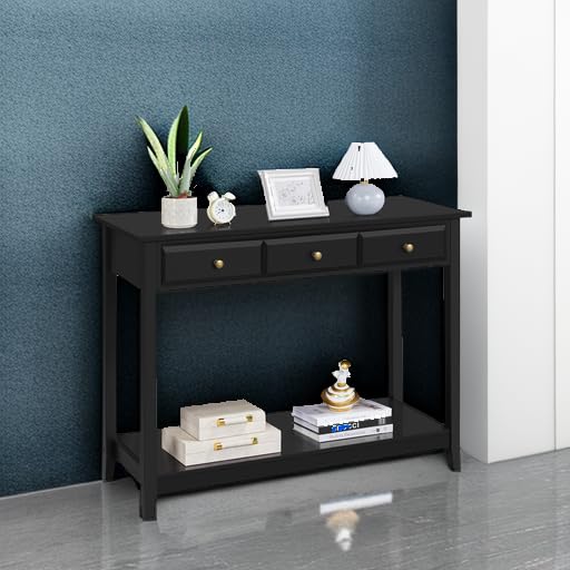 Yaheetech 3-Drawer Wooden Console Table with Storage Shelf - Narrow Long Entryway Sofa Table for Living Room, Hallway, Foyer - Perfect for Small Spaces & Home Organization (Black)