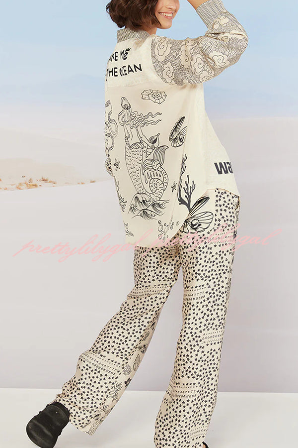 Take Me To The Ocean Print Women's Long Sleeve Satin Shirt & Elastic Waist Pocket Pants Set - Beach Vacation Outfit, Cruise Wear, Boho Chic Loungewear