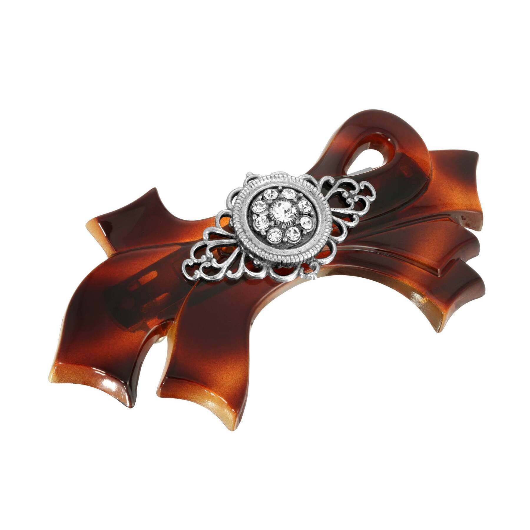 Vintage 1928 Jewelry Brown Tortoise Hair Barrette with Filigree & Crystal Accent Bow - Perfect for Weddings, Parties & Special Occasions
