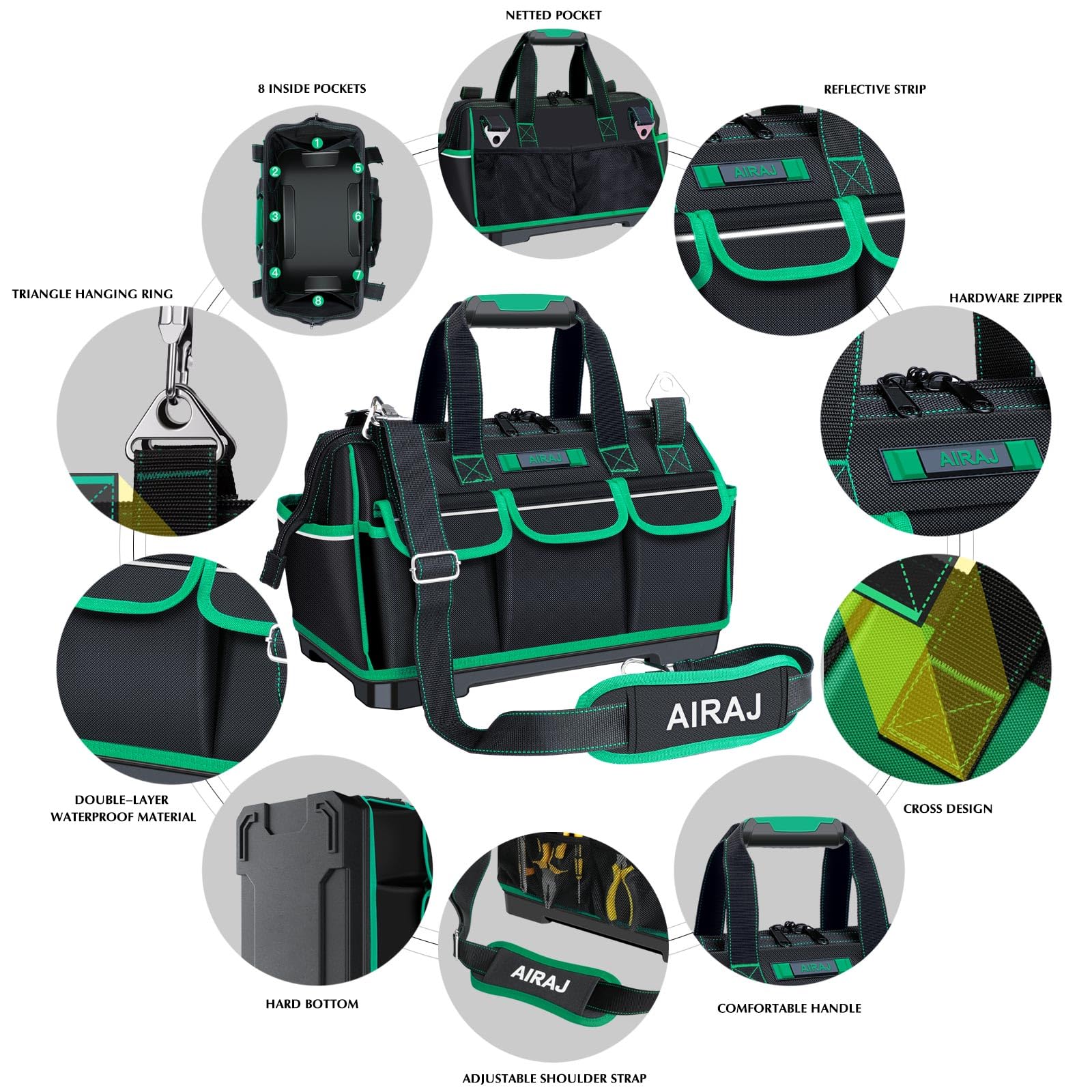 AIRAJ 16-Inch Heavy Duty Tool Bag with Reflective Strips - Wide Mouth Design with 15 Pockets, Adjustable Shoulder Strap - Durable Craftsman Tool Organizer for Electricians, Plumbers & DIY Enthusiasts - Perfect for Job Sites, Home Repairs & Workshop Organization