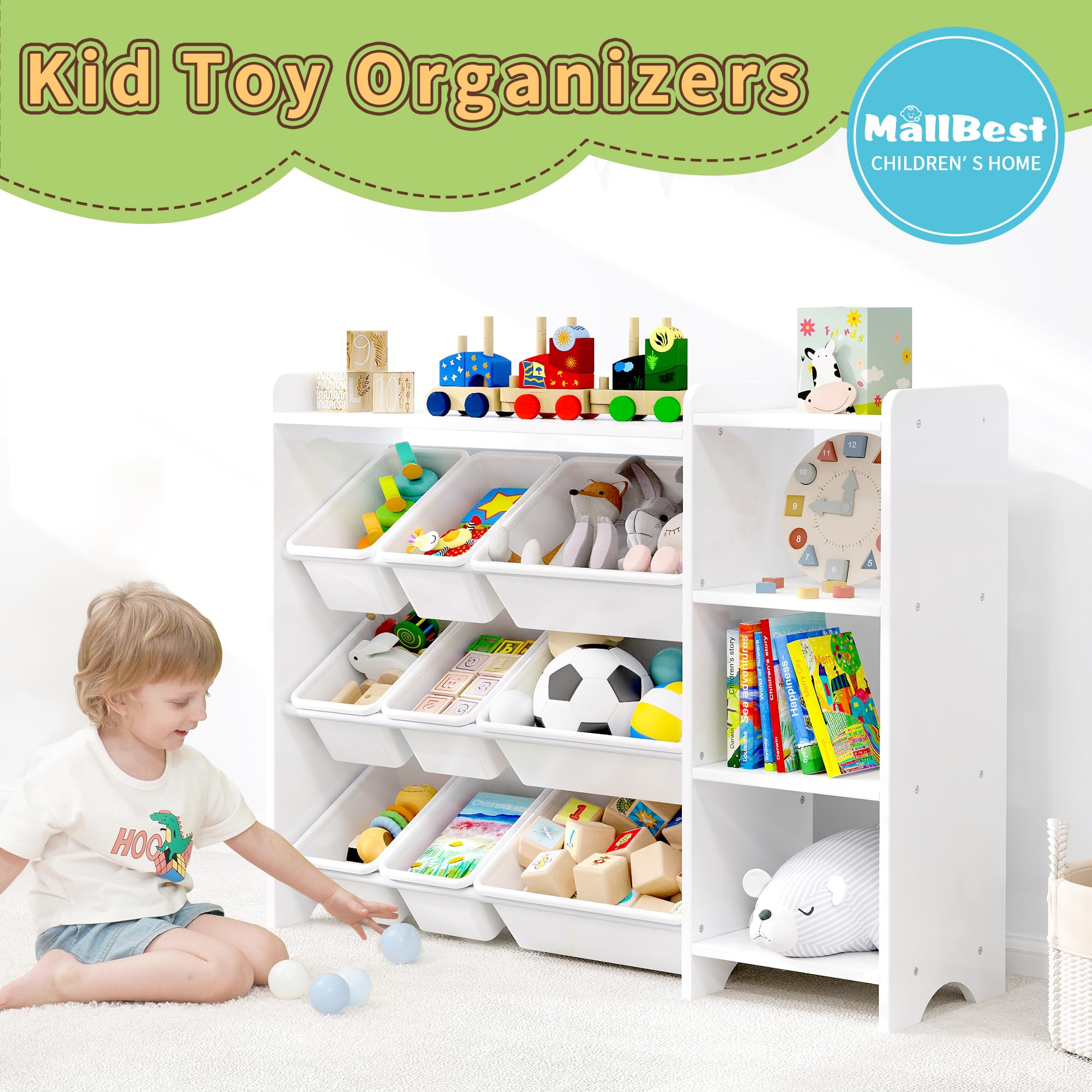 MallBest 4-Tier Kids Toy Storage Organizer Shelf - 100% Solid Wood Children's Storage Cabinet with 9 Plastic Bins & 3 Storage Ports (White) - Perfect for Nursery, Playroom & Bedroom Organization