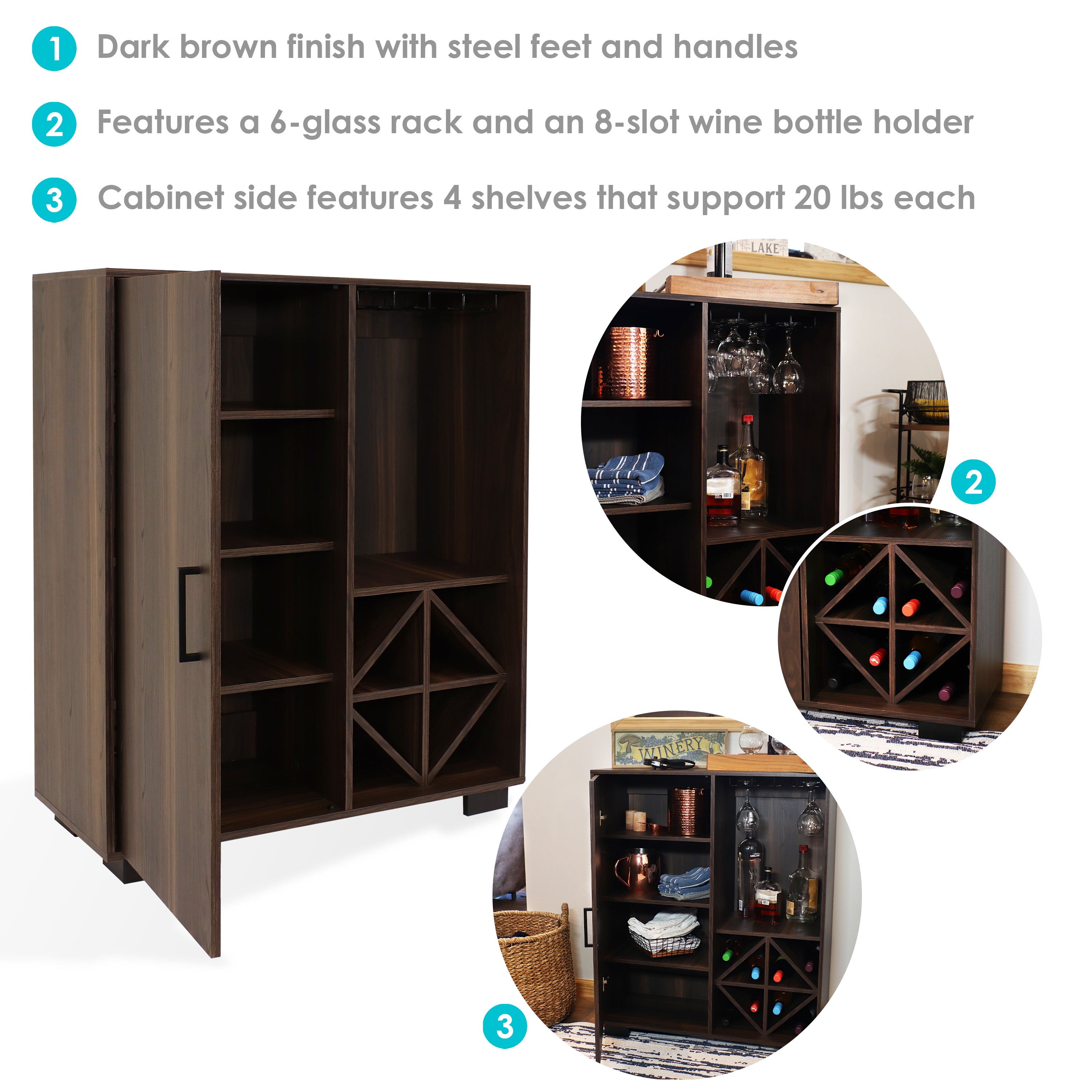 Sunnydaze Lavina Wine Bar Cabinet with Glass Rack & Bottle Storage Shelves - Modern Home Bar Furniture for Kitchen, Dining Room & Entertaining