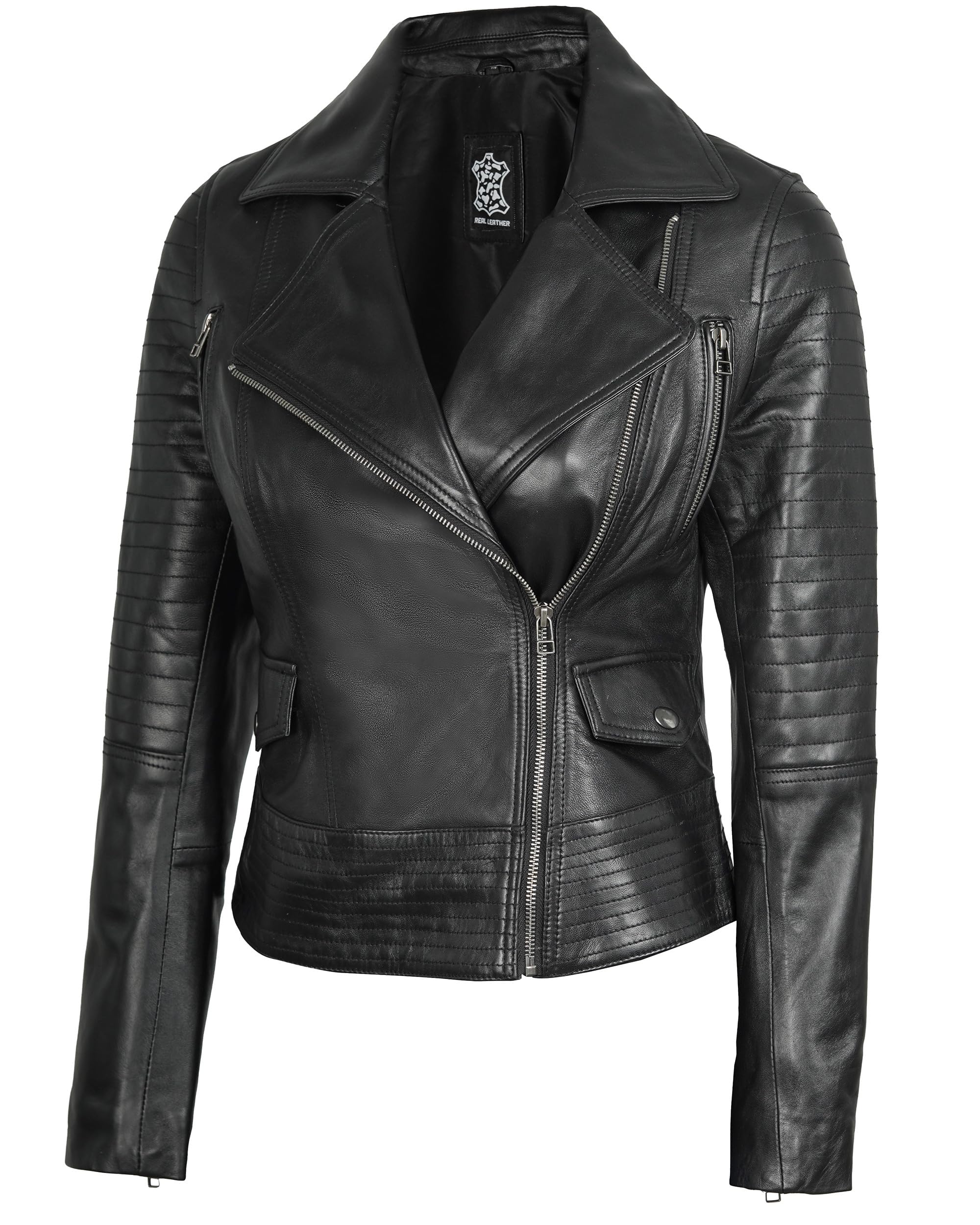 Decrum Women's Asymmetrical Real Lambskin Leather Jacket - Stylish Biker Jacket for Women | Perfect for Motorcycle Riding, Night Out & Fashion Statement