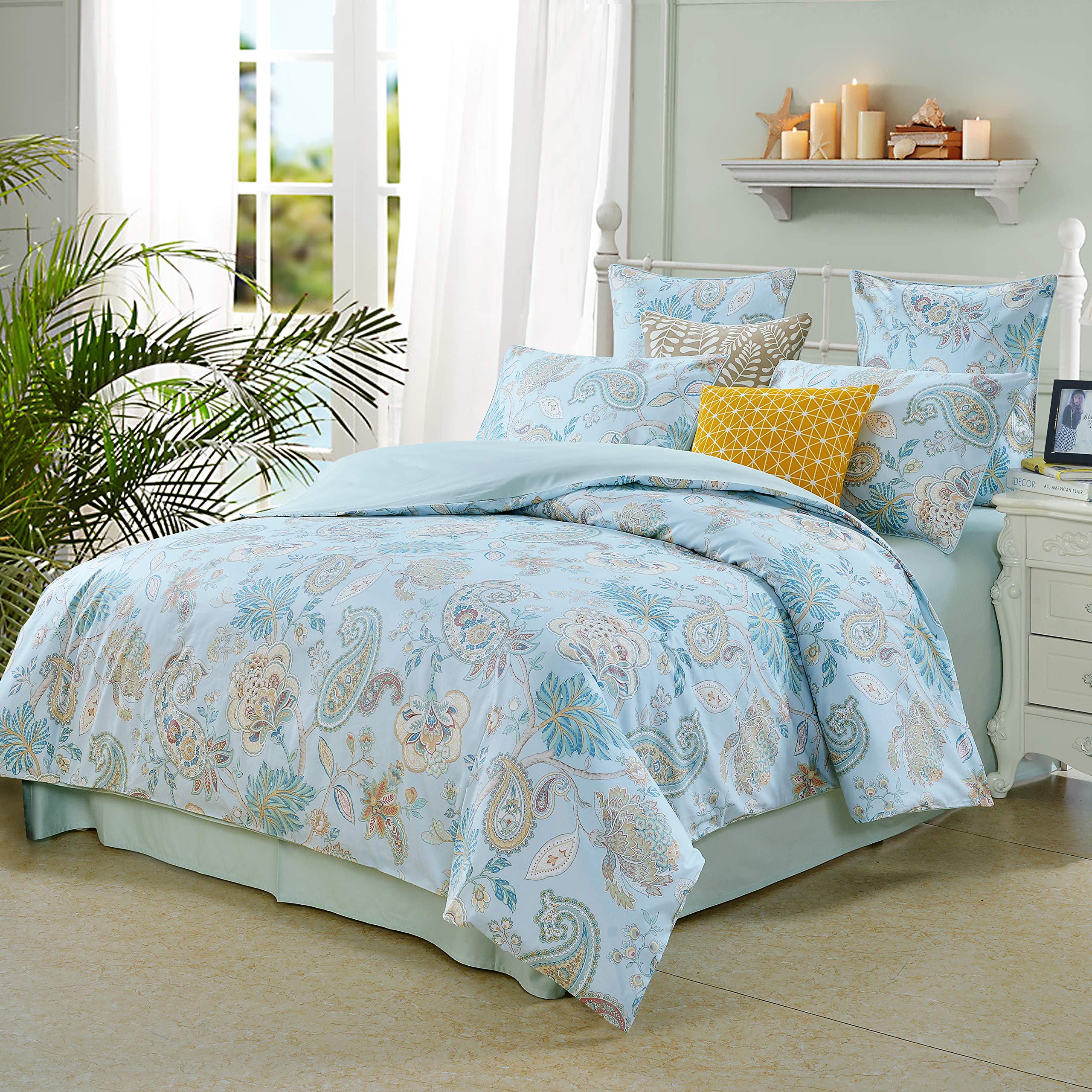 Softta Vintage Queen Size 3Pcs Duvet Cover Set - 100% Egyptian Cotton Boho Paisley Damask Floral Bedding in Ocean Light Blue | Luxury Shabby Chic Design for Master Bedroom, Guest Room & Bohemian Home Decor