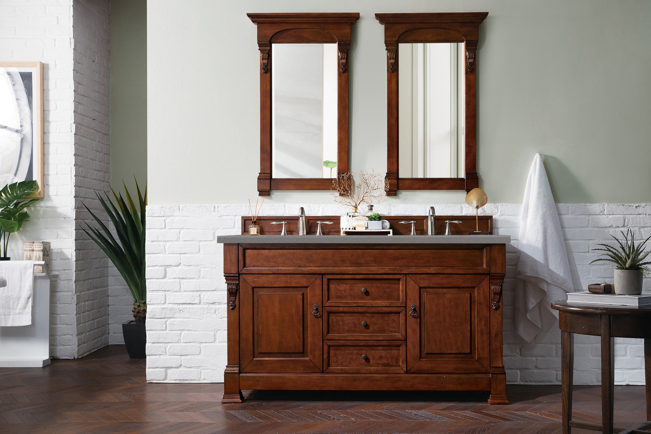 Brookfield 60-Inch Double Vanity with Warm Cherry Finish & 3CM Grey Expo Quartz Top – Perfect for Modern Bathroom Renovations and Master Bath Suites