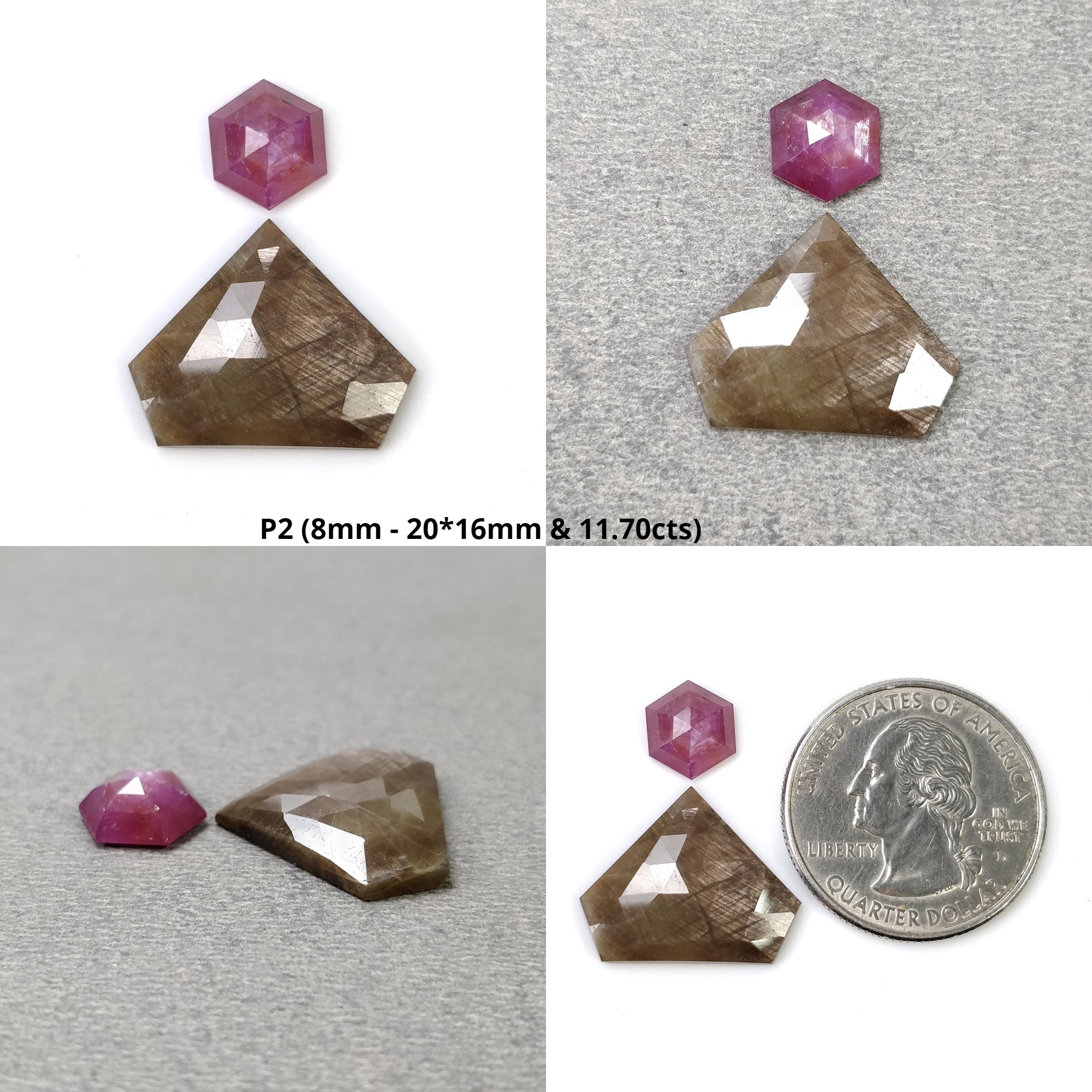 Natural Untreated Golden Brown Chocolate & Raspberry Sapphire Gemstone - Hexagon Rose & Step Cut (2pcs) for Jewelry Making, Engagement Rings & Unique Gifts
