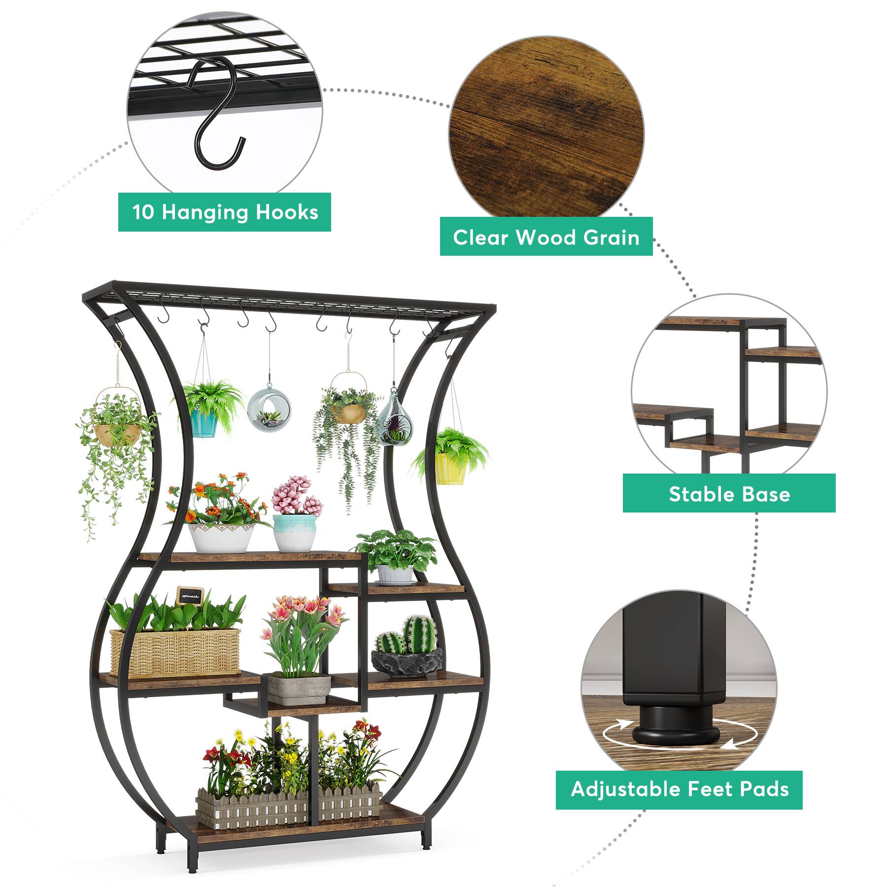6 Tier Vase Shaped Plant Stand with 10 Hanging Hooks - Multi-Level Flower Pot Holder for Indoor/Outdoor Decor, Balcony & Garden Plant Display Rack