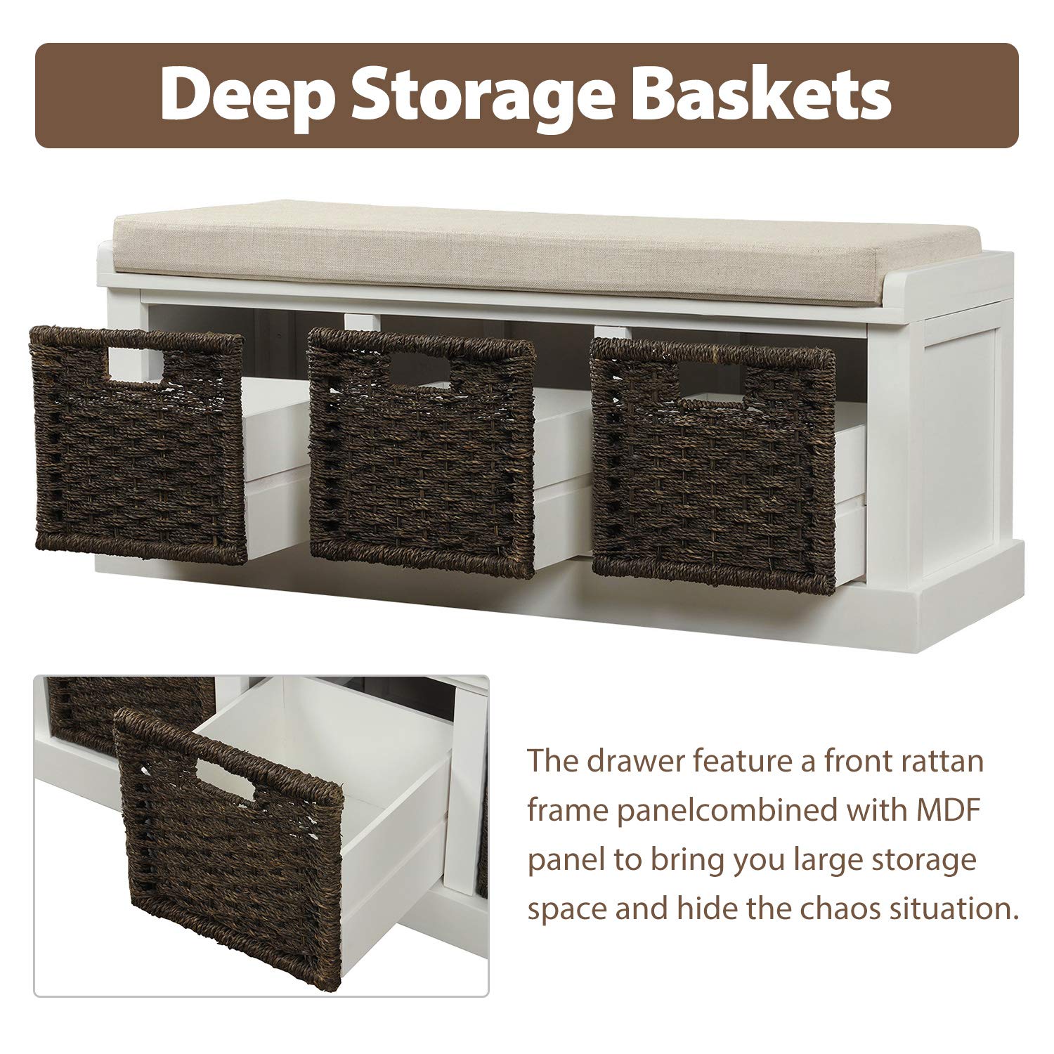 Wicker Storage Bench with 3 Woven Baskets & Removable Cushion - Wooden Entryway Shoe Bench for Hallway, Living Room, Bedroom - White - Perfect for Organizing Shoes, Blankets & Home Decor in Small Spaces