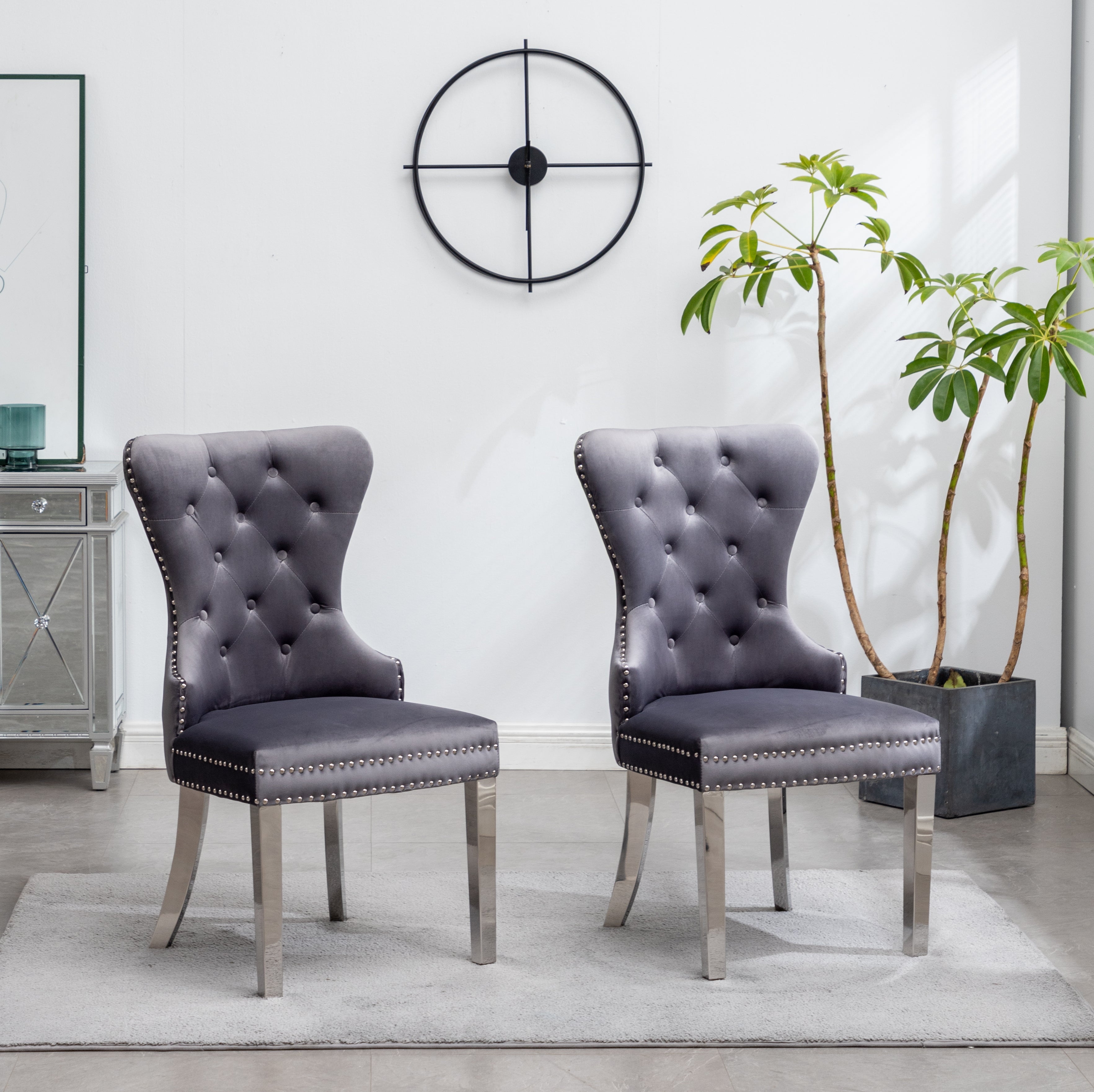 Roundhill Furniture Montura Contemporary Tufted Velvet Accent Chairs with Nailhead Trim - Set of 2 Gray Upholstered Living Room Chairs for Modern Home, Office or Lounge Decor