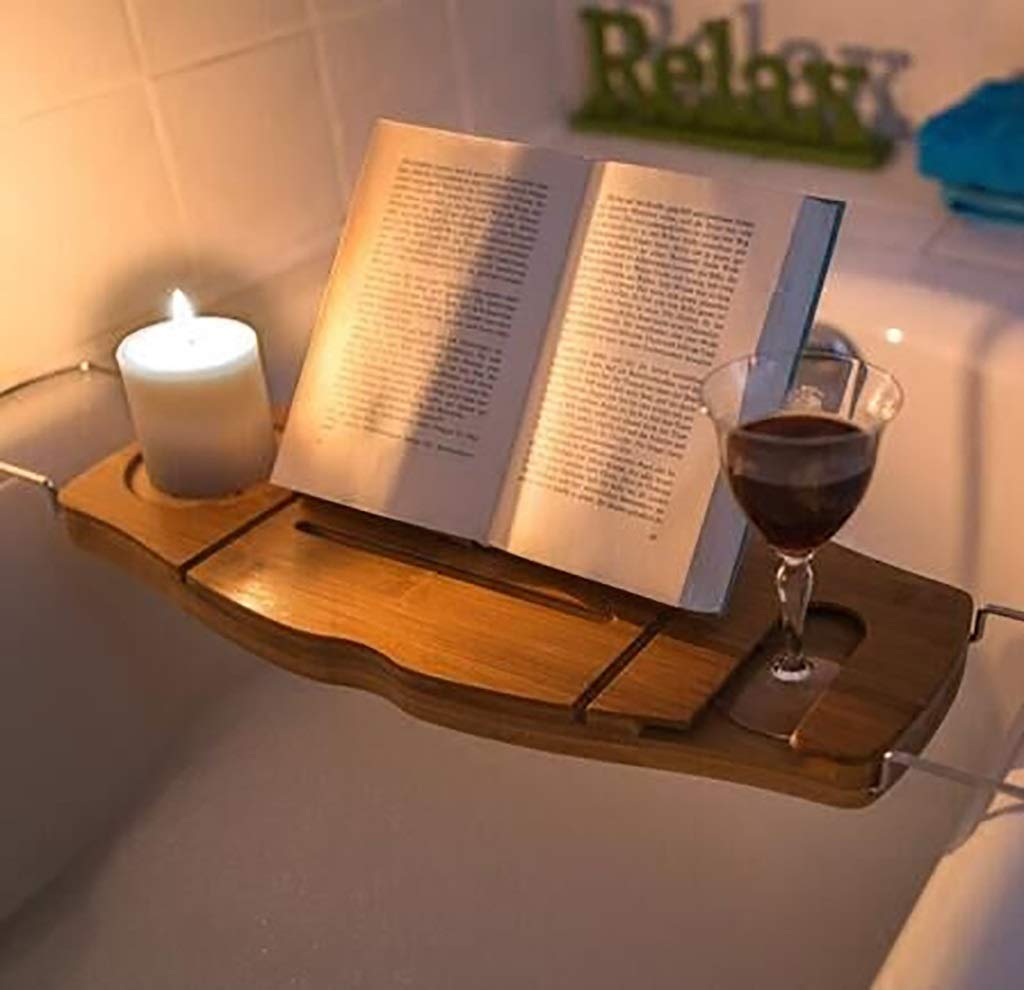 Adjustable Bathtub Caddy Tray with Book Stand & Wine Glass Holder - Extends 70-96cm, Natural Bamboo - Perfect for Relaxing Baths, Reading & Wine Enjoyment