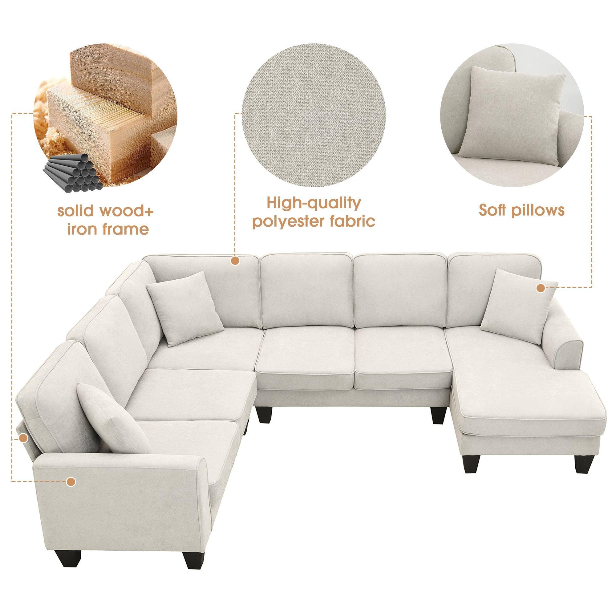 Modern U-Shaped 7-Seater Fabric Sectional Sofa Set with 3 Pillows - 108
