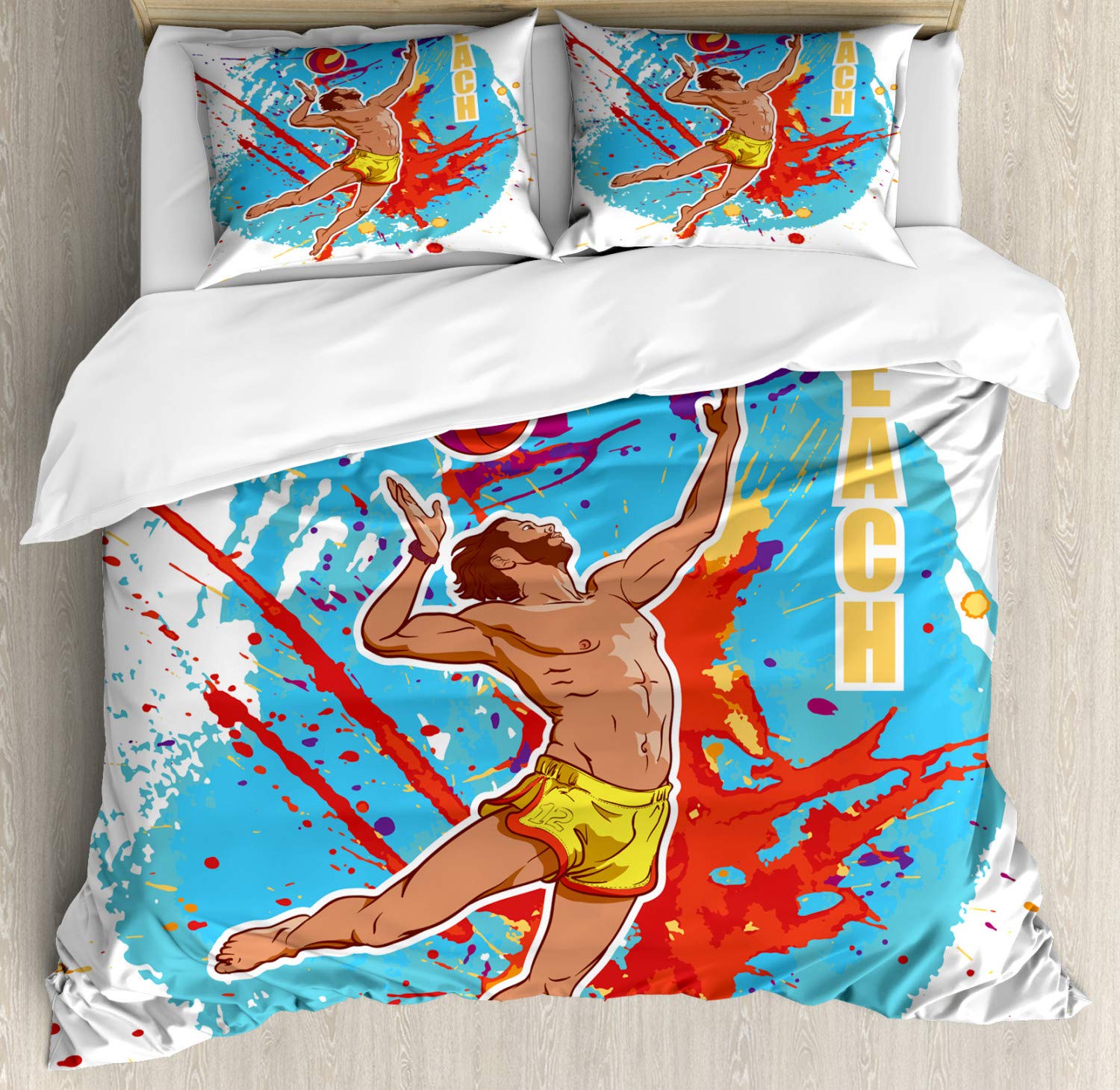 Ambesonne Beach Volleyball Duvet Cover Set - 2 Pack Queen Size with 2 Duvet Covers & 4 Pillowcases - Sky Blue & Red Vector Illustration of Man Serving Overhead Ball - Soft Breathable Bedding for Summer, Beach House Decor, Sports Theme Bedroom