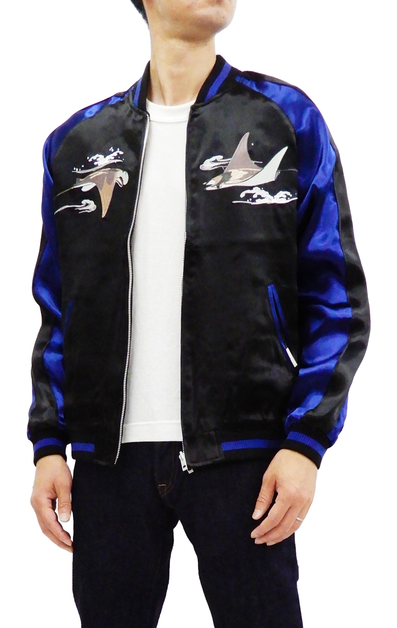 Japanese Souvenir Jacket for Men - Sukajan Bomber with Manta Ray Design (Black/Navy Blue) | Vintage-Inspired Streetwear for Casual Outfits & Urban Fashion
