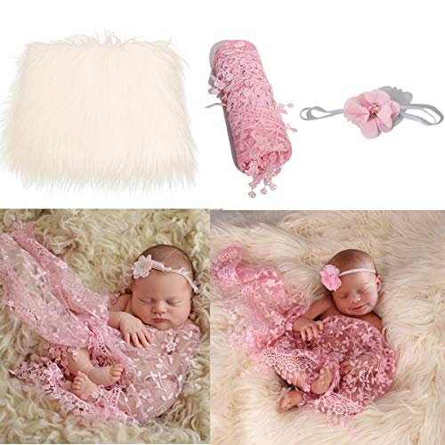 Soft Fluffy Baby Photo Props Blanket Wrap & Headband Set - Newborn Photography Swaddle Mat for Selfie, Memory Keepsake - Pink (3Pcs) - Perfect for Newborn Photo Shoots, Baby Showers & First Birthday Decorations