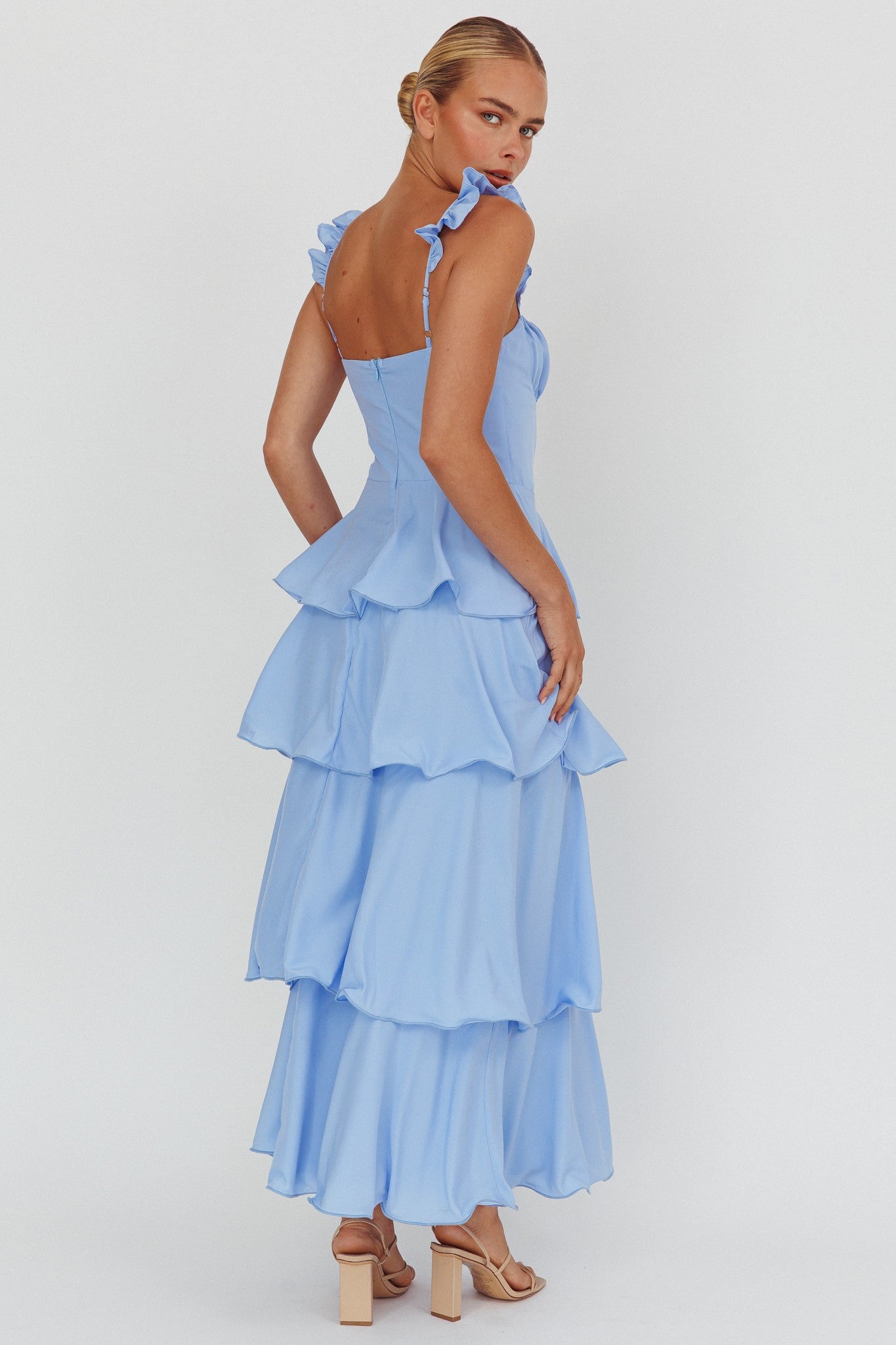 Lily Ruffle Strap Tiered Maxi Dress in Baby Blue | Flowy Summer Beach Dress for Women | Perfect for Vacations, Weddings & Date Nights