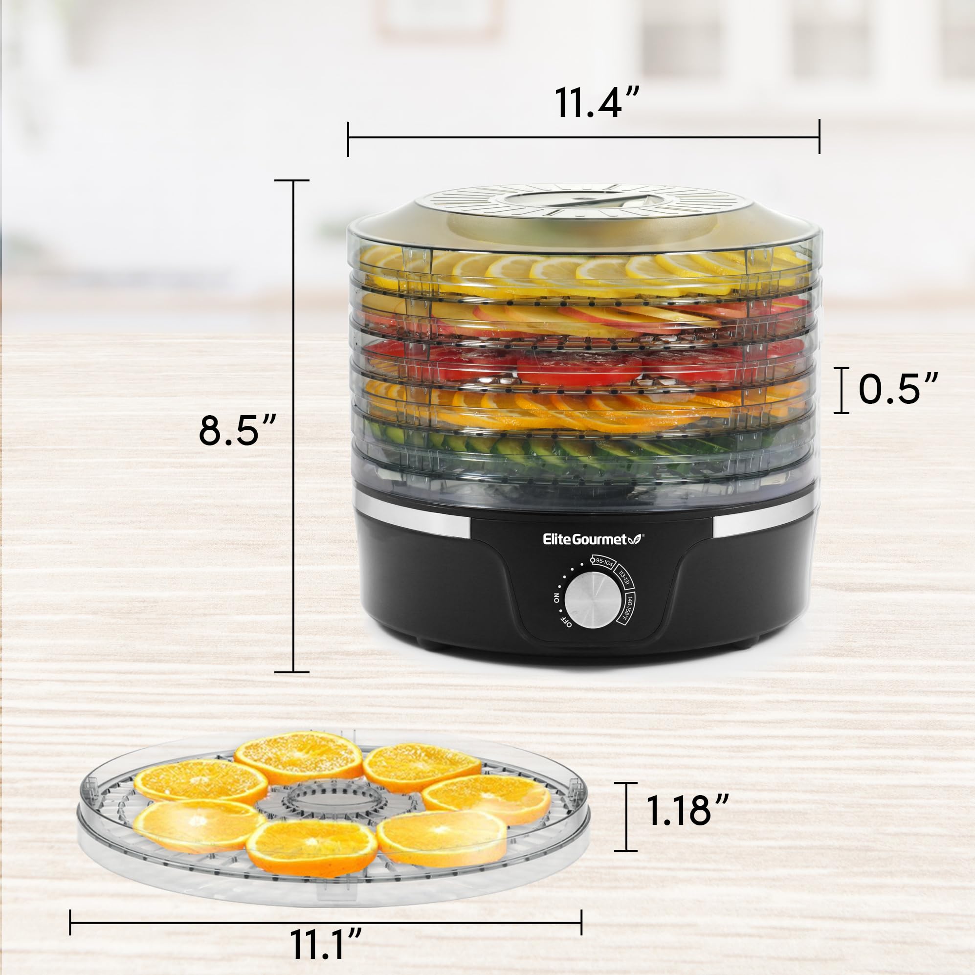 Elite Gourmet EFD319 5-Tray Food Dehydrator with Adjustable Temperature - BPA-Free 11.4