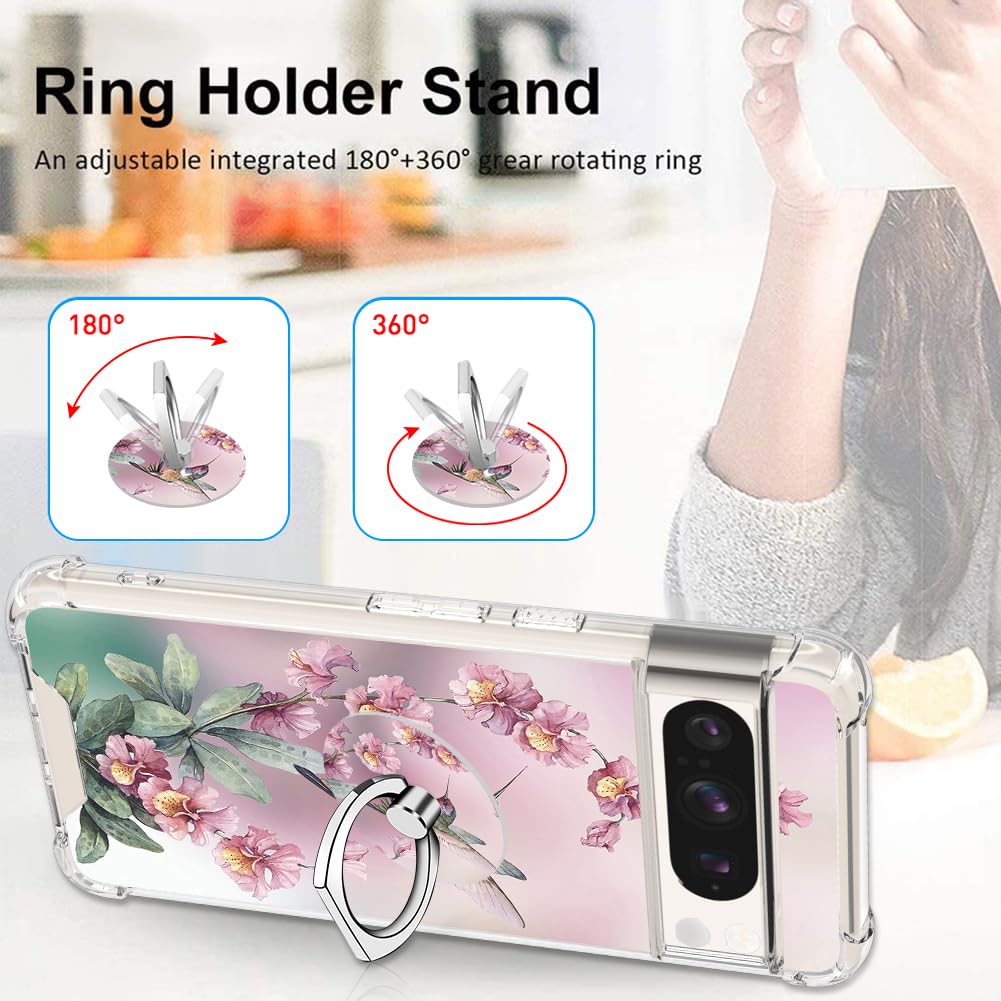 OOK Clear Case for Google Pixel 8 Pro - Pink Hummingbird Design, Flexible TPU Shockproof & Anti-Scratch Transparent Cover with Ring Kickstand | Perfect for Daily Protection, Work & Travel
