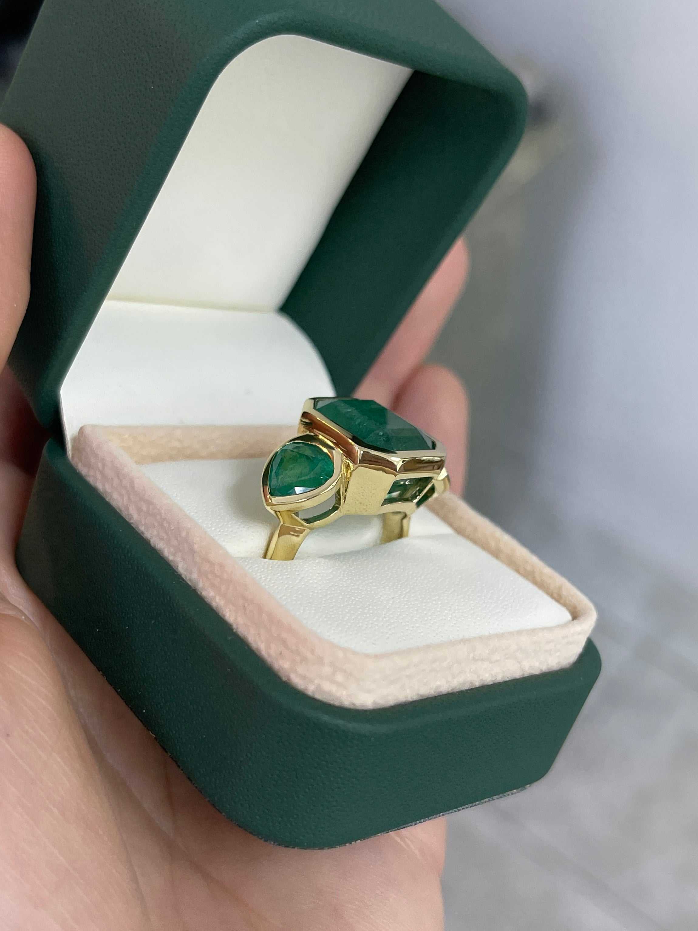 15.44tcw Three Stone Emerald Ring - 11.32 Carat Zambian Emerald with Pear Cut Accents in 18K Gold | Elegant Jewelry for Weddings, Anniversaries & Special Occasions