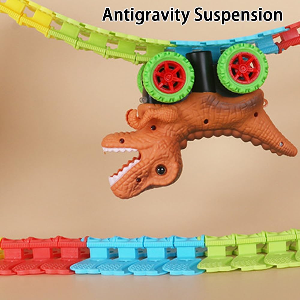 Dinoswift Anti-Gravity Dinosaur Race Car Toy Set - 144PCS LED Light-Up Track, Educational STEM Toy for Kids Ages 3+ | Perfect for Birthday Gifts & Indoor Racing Fun