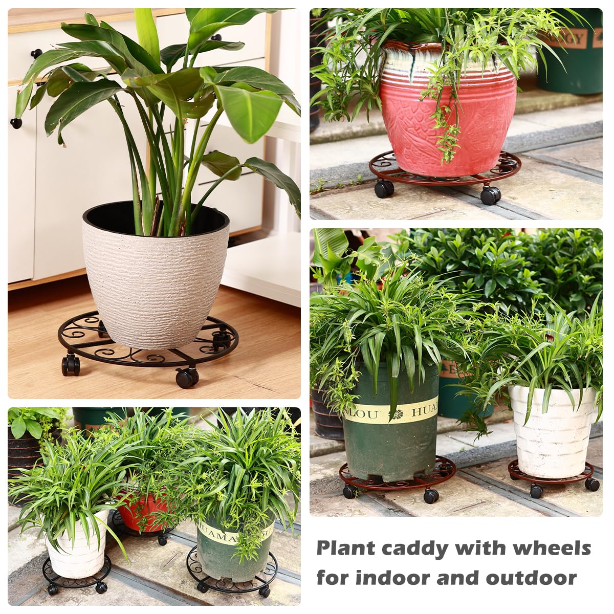 Heavy Duty 13.5 Inch Metal Plant Stand with Wheels - 5 Pack Plant Saucers Included - Black Rolling Plant Holder for Indoor Outdoor Garden Decor, Patio, Balcony & Home Decor