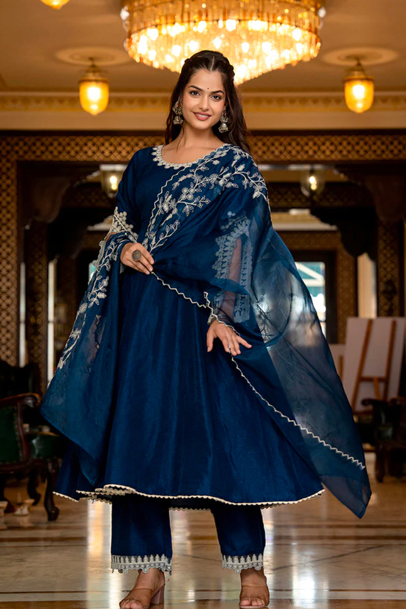 Blue Silk Blend Anarkali Kurta Set for Women | Elegant Indian Ethnic Dress | Perfect for Weddings, Festivals & Special Occasions