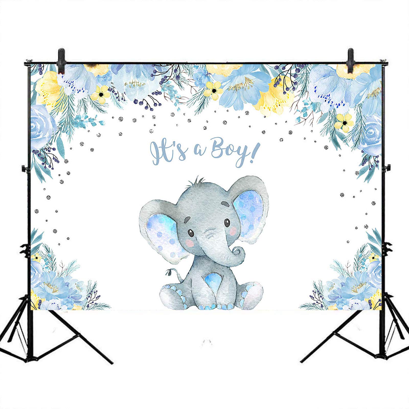Avezano Blue and Yellow Floral Elephant Baby Shower Backdrop with Silver Dots - 10x8 ft Nursery Decor for Gender Reveal, First Birthday Party, Newborn Photography Background