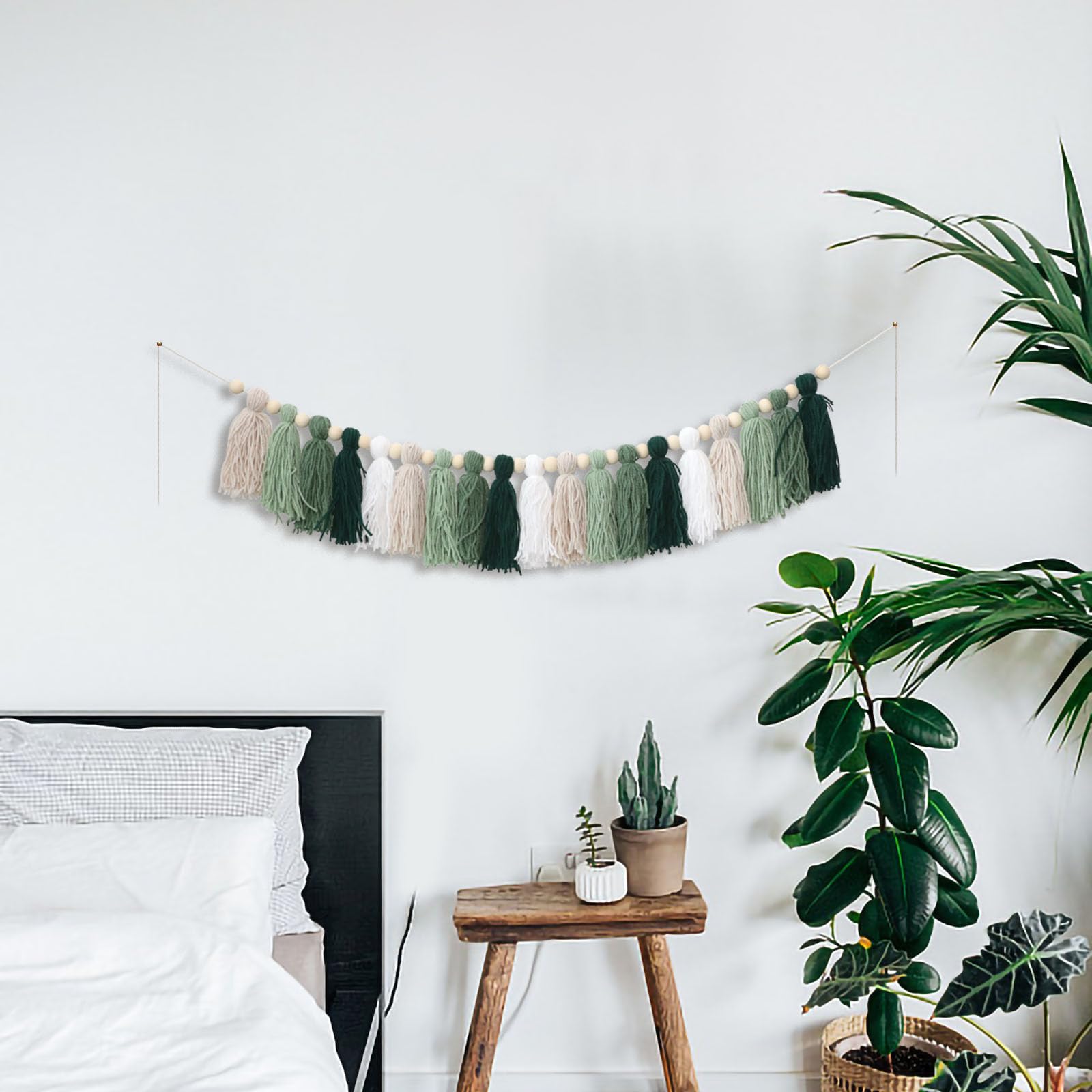 Natural Wood Bead Garland with Green Tassels - Boho Wall Hanging Decor for Nursery, Kids Bedroom, Baby Shower & Birthday Party | Perfect for Bohemian Home Decor and Photo Backdrops